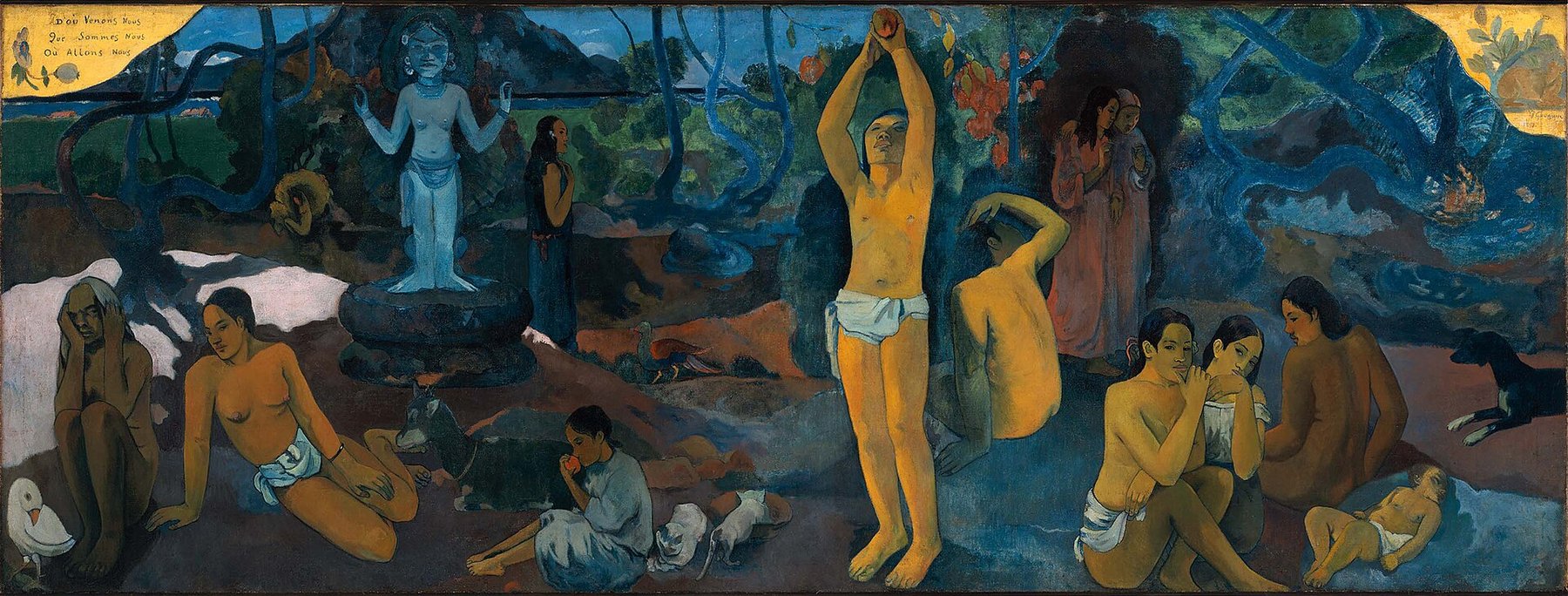 Hand-painted oil reproduction of Gauguin Where Do We Come From, the 1897 Tahitian philosophical frieze from infancy to old age