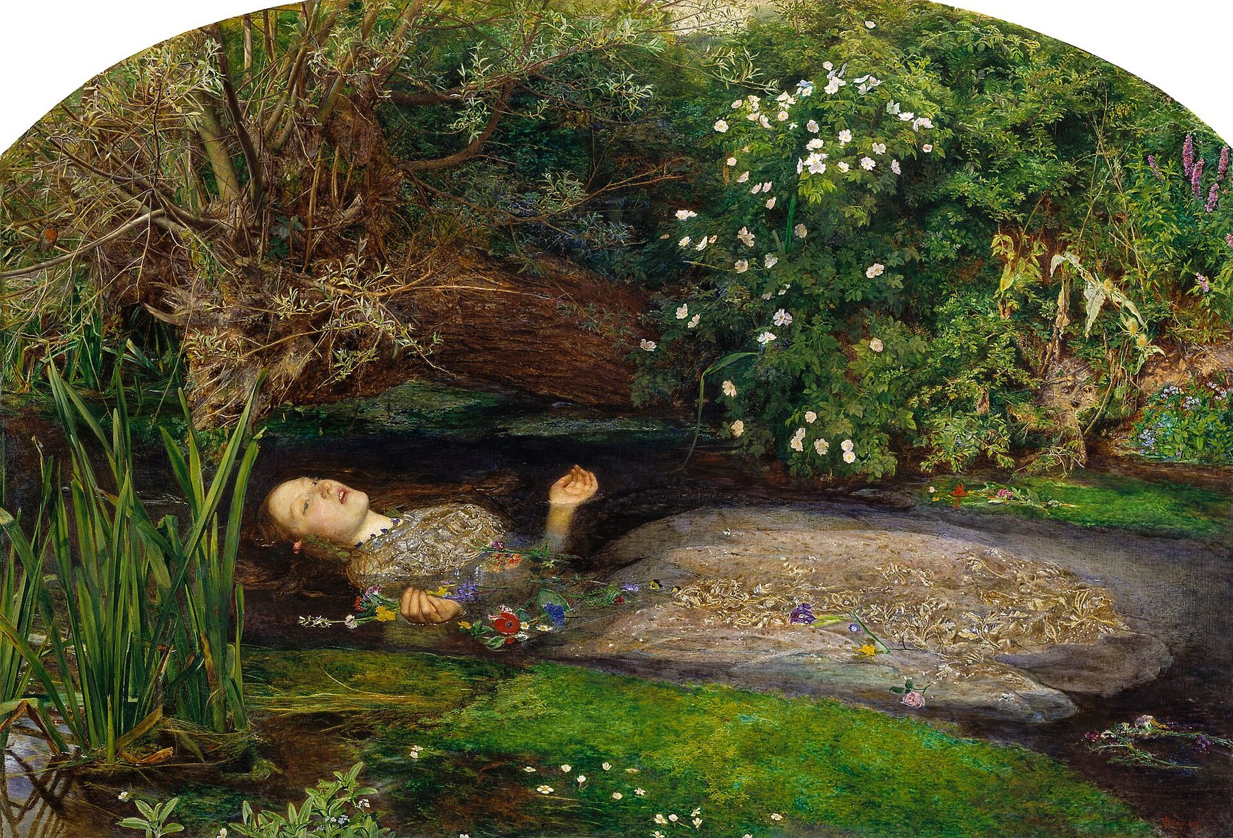 Hand-painted oil reproduction of Ophelia, John Everett Millais Pre-Raphaelite heroine floating amid flowers singing her last song