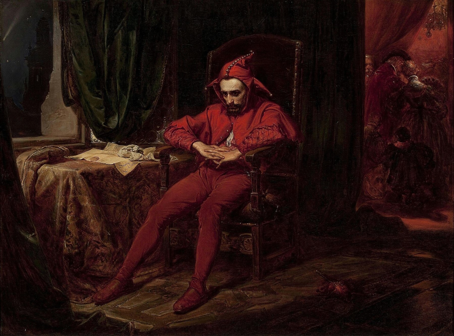 Hand-painted oil reproduction of Stańczyk, Jan Matejko melancholy court jester alone in a chair as the ball glitters on behind him