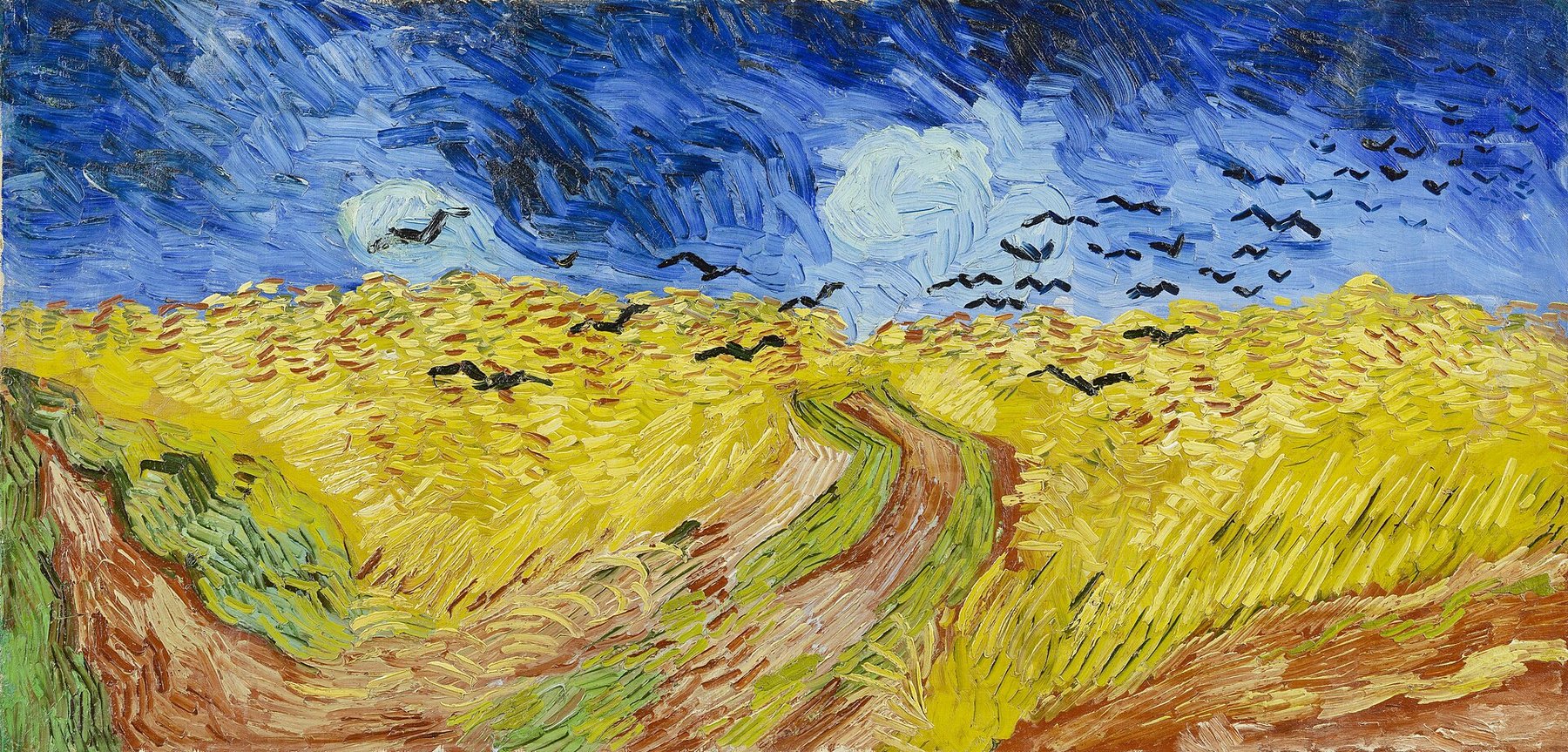 Hand-painted oil reproduction of Wheatfield with Crows, Vincent van Gogh 1890 golden wheat under a turbulent sky with black crows in flight