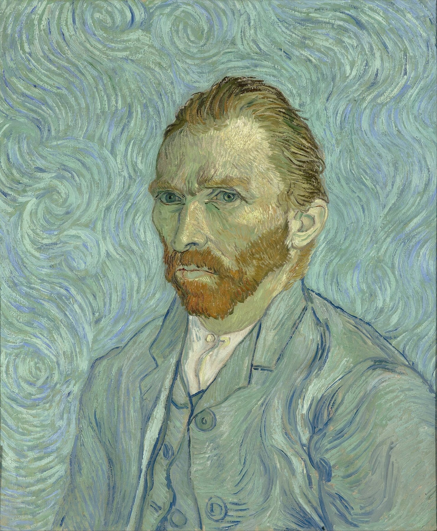 Hand-painted oil reproduction of Vincent van Gogh Self-Portrait, 1889 swirling blue background behind the artist with red beard and intense gaze