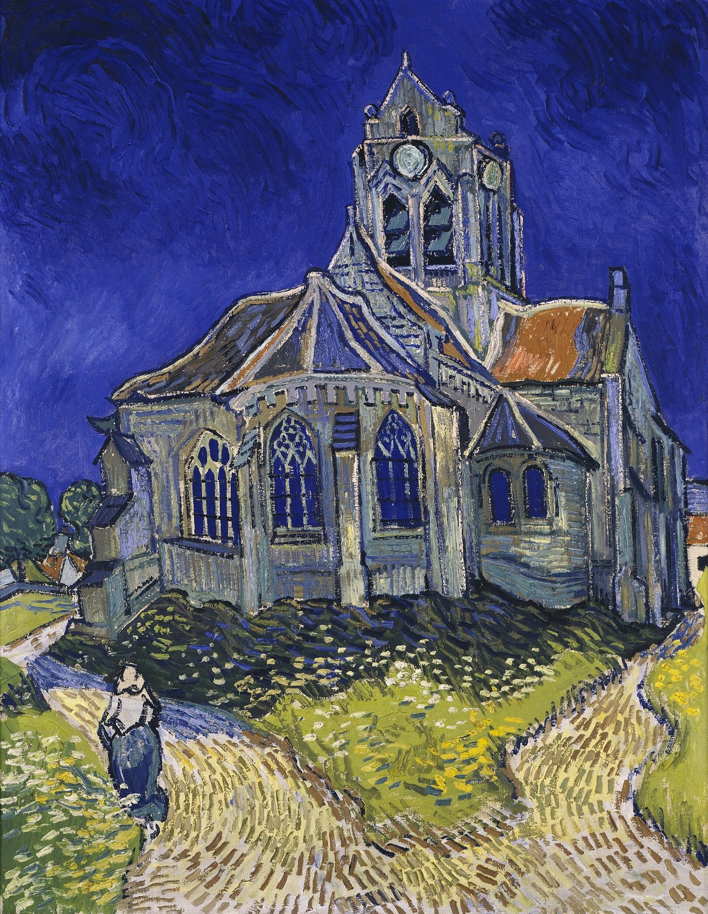 Hand-painted oil reproduction of The Church at Auvers, Vincent van Gogh 1890 Gothic church in deep violet and cobalt over a split green road
