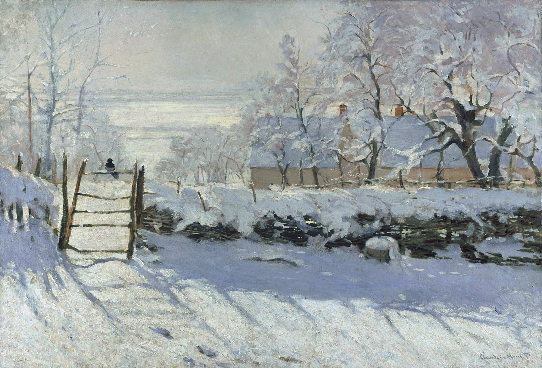 Hand-painted oil reproduction of The Magpie, Claude Monet 1869 snow scene with a lone magpie on a gate beneath a luminous winter sky