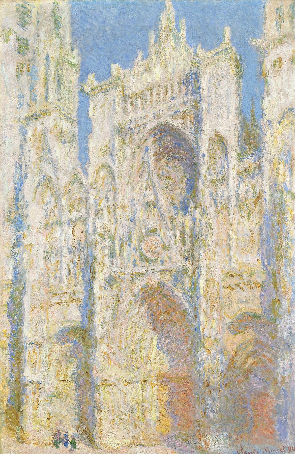 Hand-painted oil reproduction of Rouen Cathedral in full sunlight, Claude Monet 1894 gothic facade dissolving into shimmering light and stone color