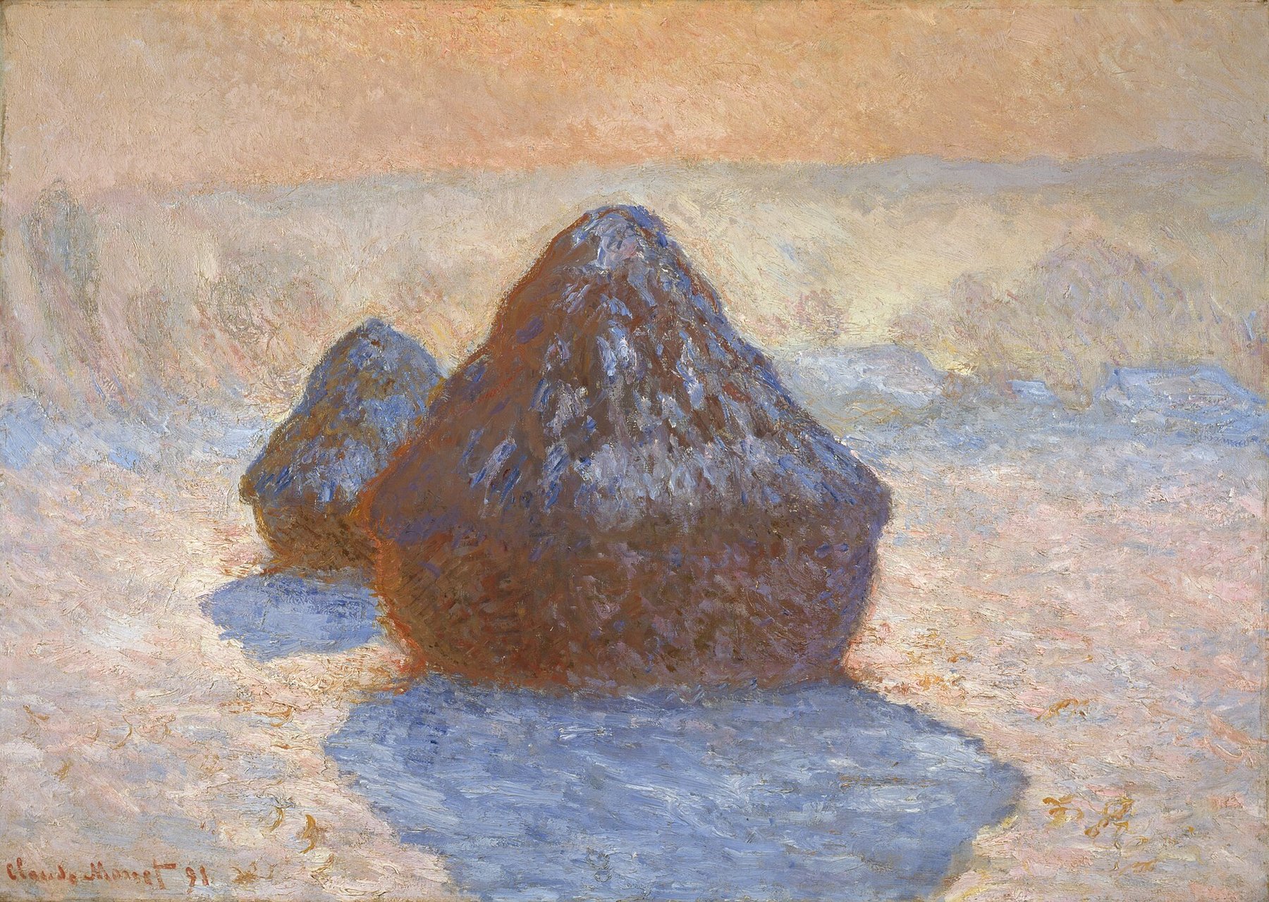 Hand-painted oil reproduction of Haystacks End of Summer, Claude Monet grainstacks glowing in twilight pinks and golds across the fields