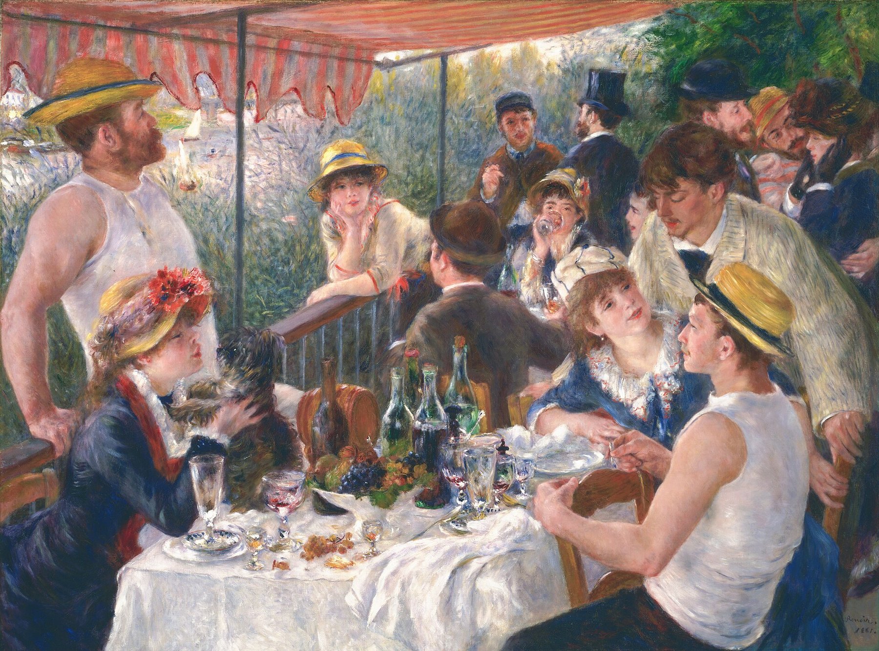 Hand-painted oil reproduction of Luncheon of the Boating Party, Renoir 1881 convivial riverside gathering on a restaurant balcony over the Seine