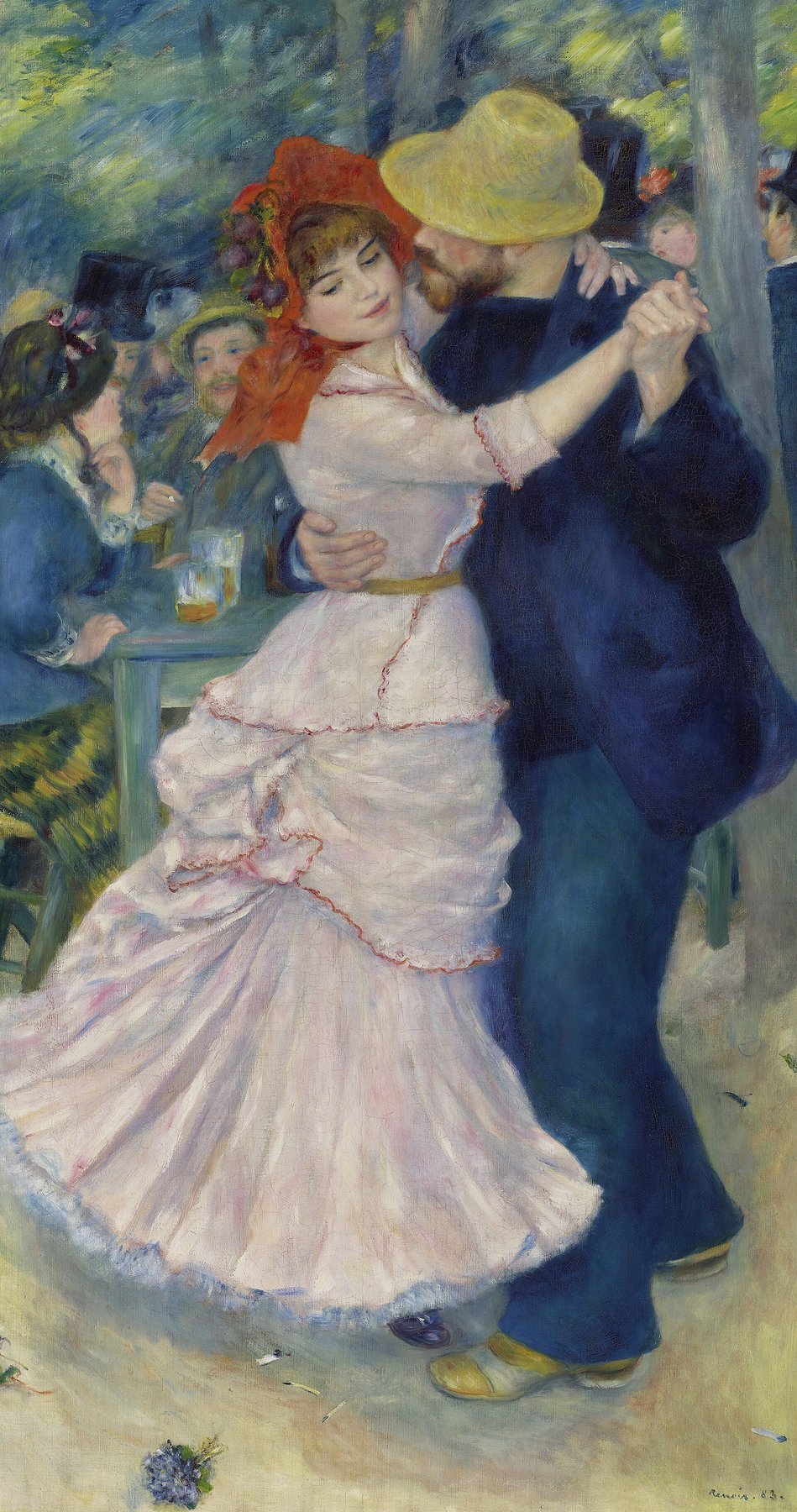 Hand-painted oil reproduction of Dance at Bougival, Renoir 1883 spinning couple on a cafe terrace by the Seine under a straw hat and bright ribbons