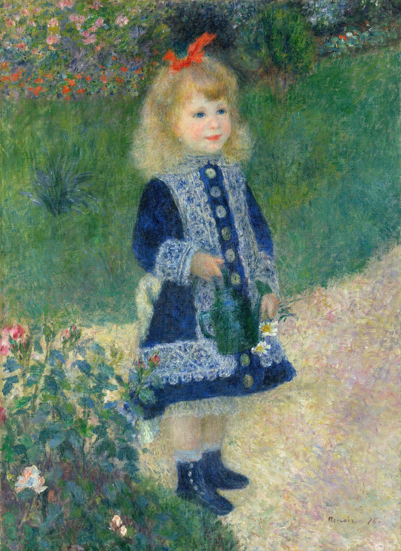 Hand-painted oil reproduction of Girl with a Watering Can, Renoir 1876 young girl with watering can and daisies in a sunlit garden