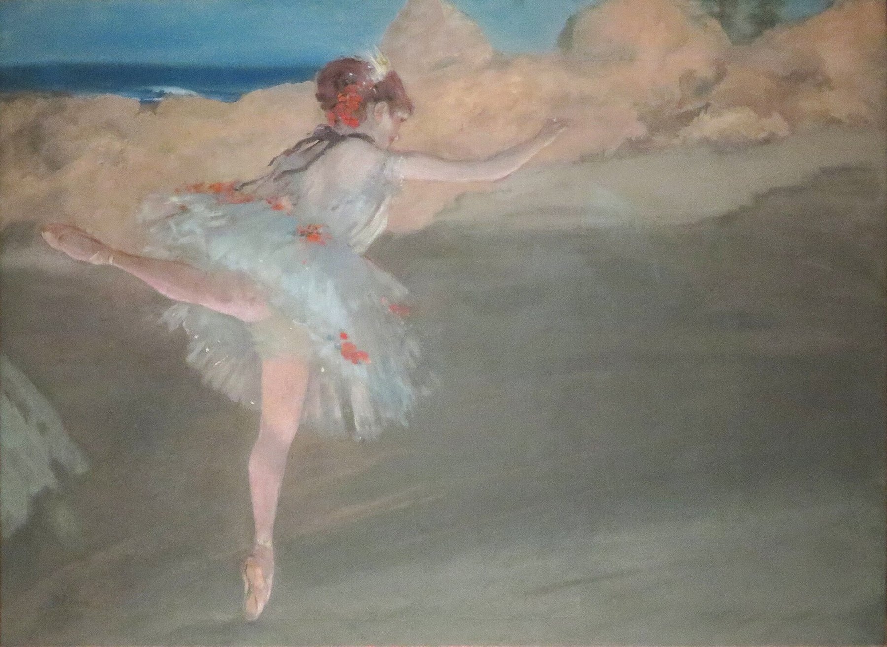 Hand-painted oil reproduction of The Star, Edgar Degas ballet dancer in mid-performance beneath stage lights and painted scenery