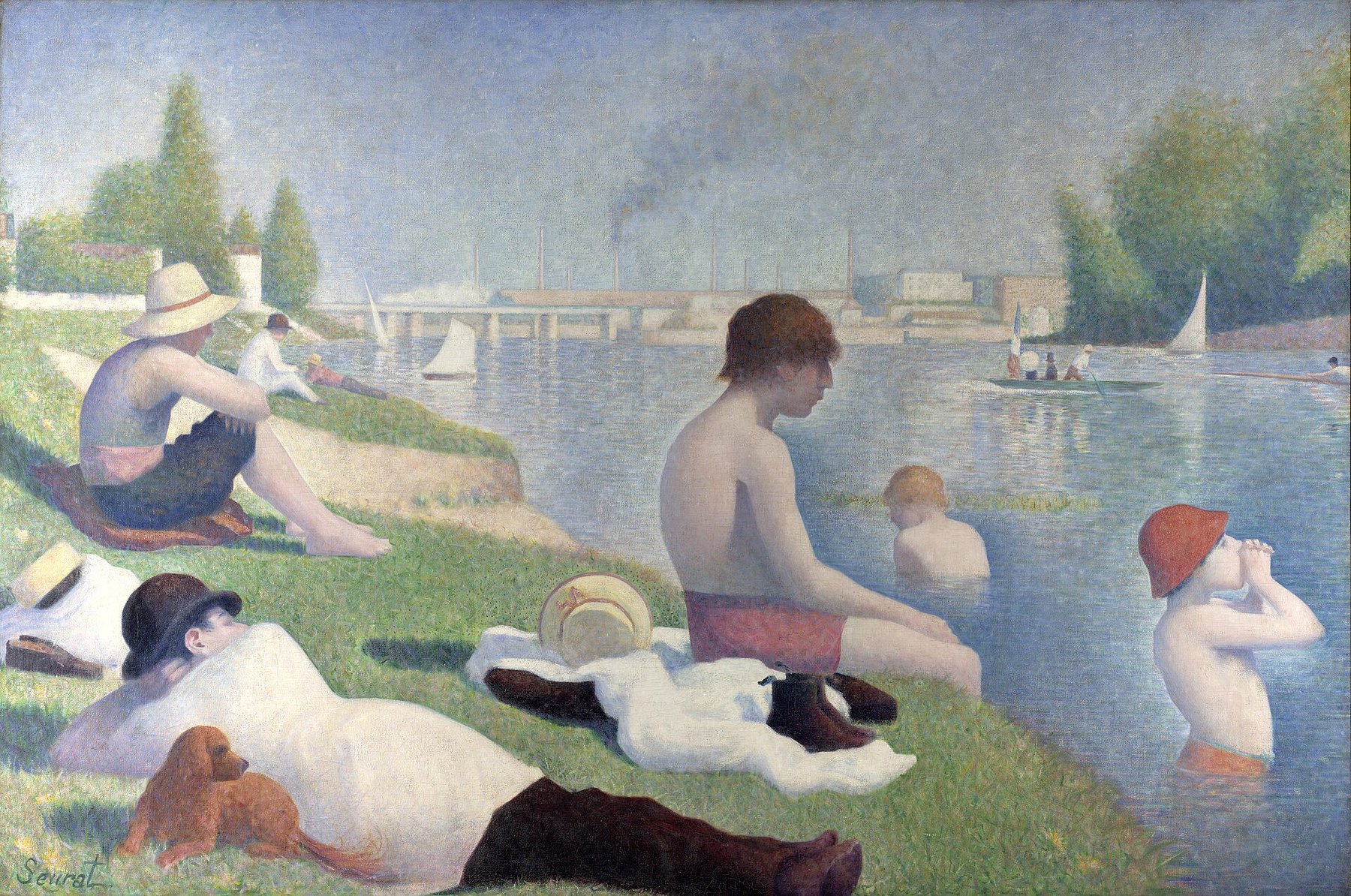 Hand-painted oil reproduction of Bathers at Asnieres, Georges Seurat 1884 working-class figures at rest on the banks of the Seine in hazy summer light