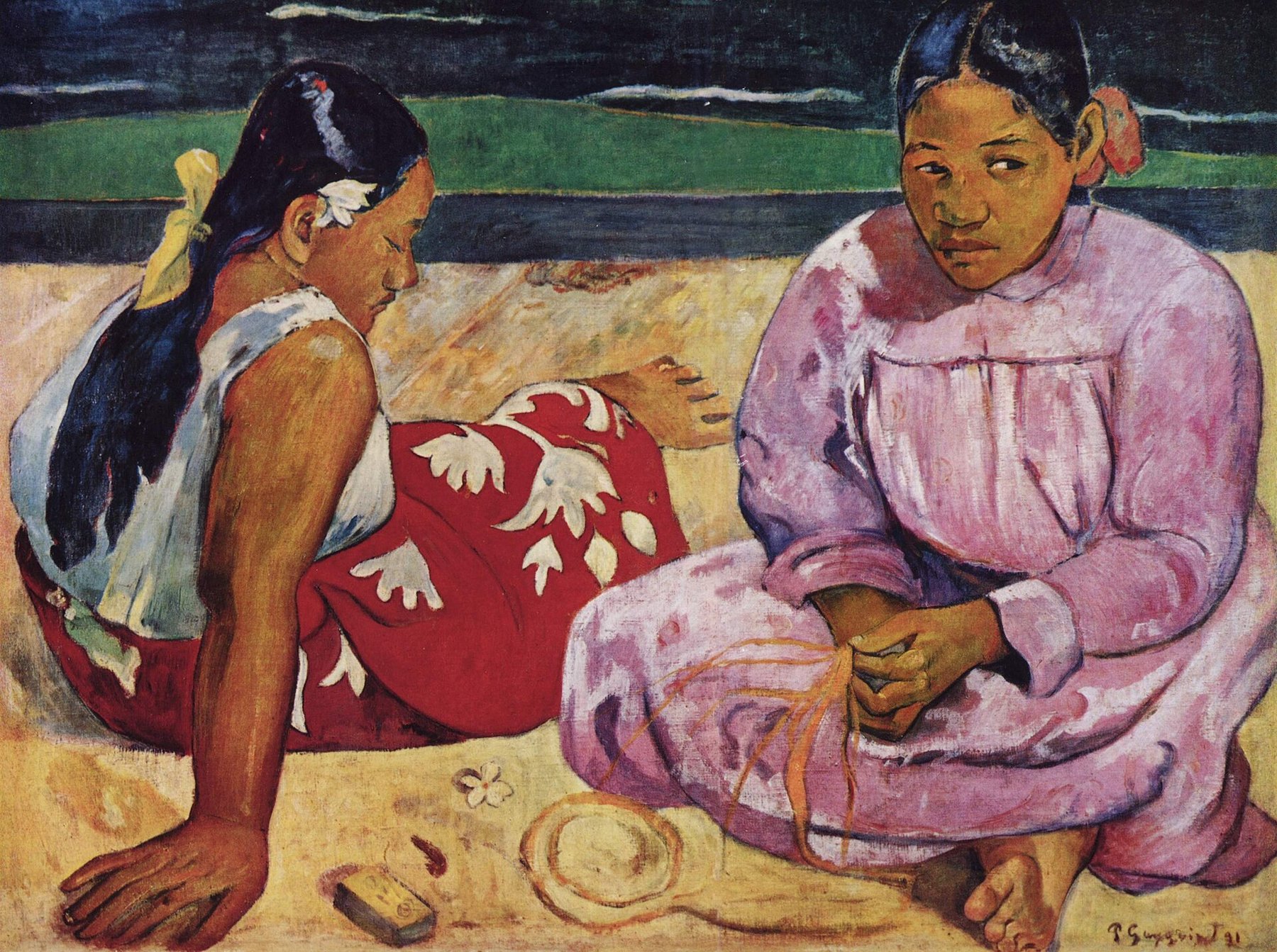 Hand-painted oil reproduction of Tahitian Women on the Beach, Gauguin 1891 two island women seated on dark sand by a green sea