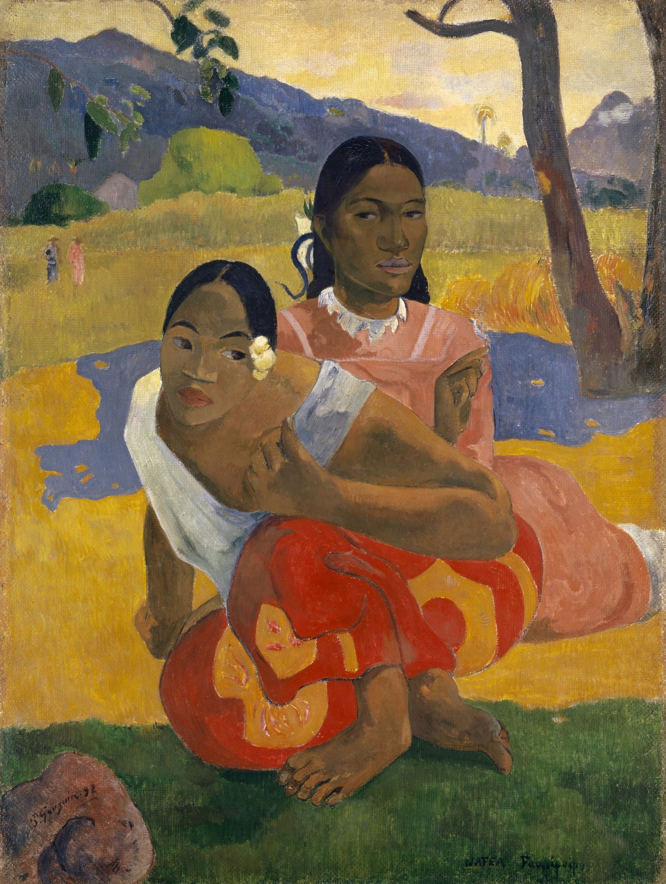 Hand-painted oil reproduction of When Will You Marry, Gauguin Nafea Faa Ipoipo young Tahitian woman in floral dress against teal and gold fields