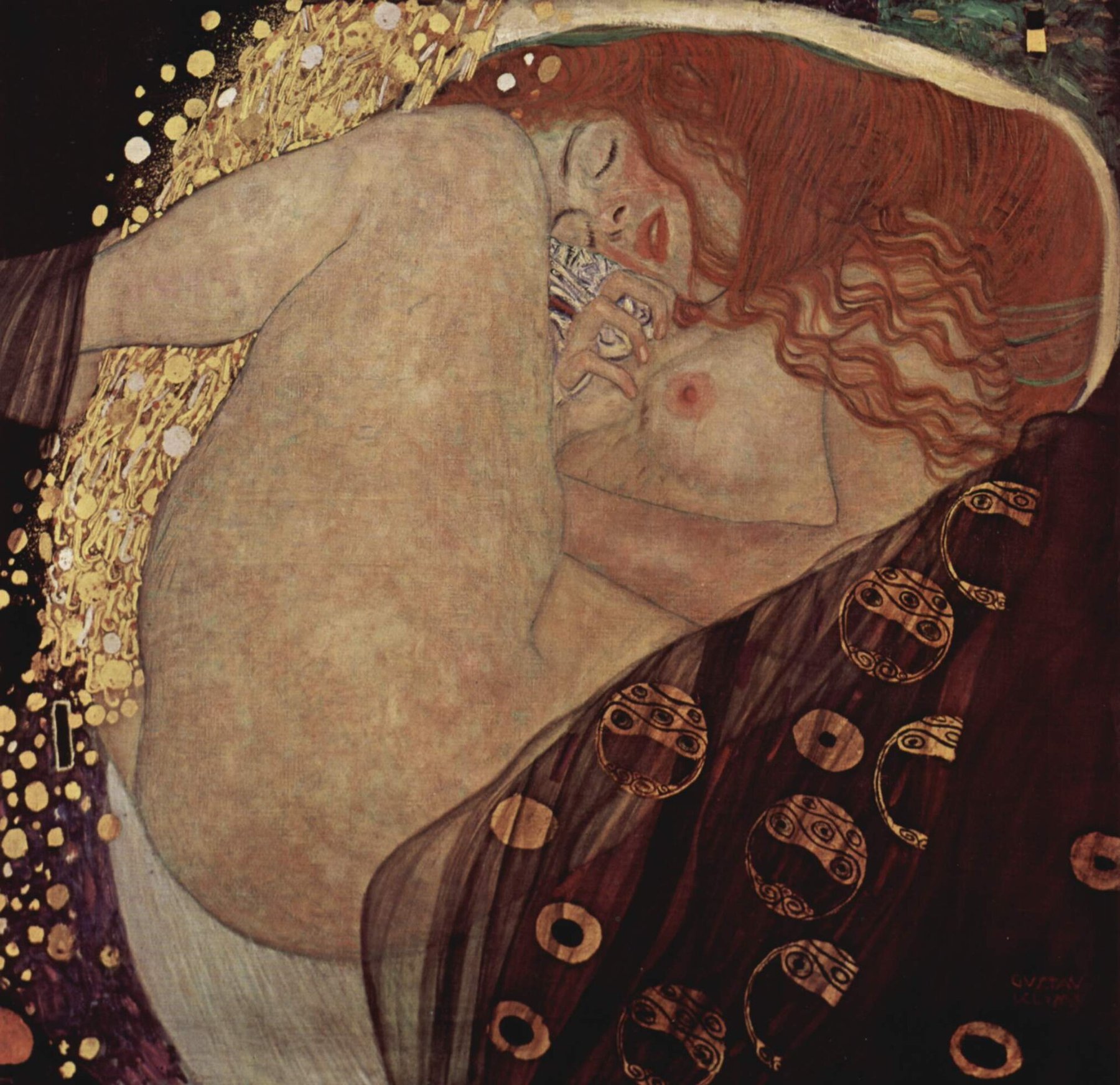 Hand-painted oil reproduction of Death and Life, Gustav Klimt dark-robed death facing a woven mass of sleeping humanity in gold and violet ornament