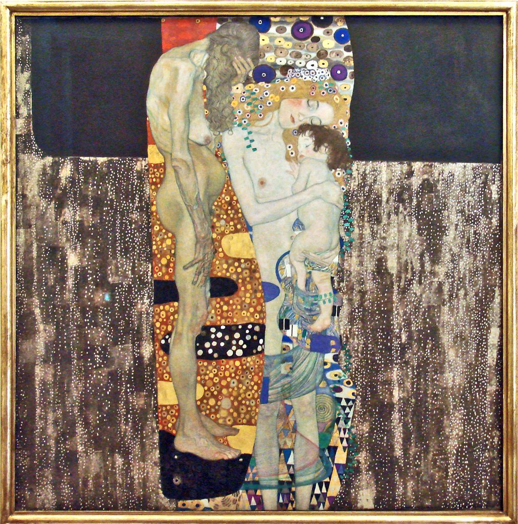 Hand-painted oil reproduction of The Three Ages of Woman, Gustav Klimt infancy, womanhood and age woven in gold and violet ornament