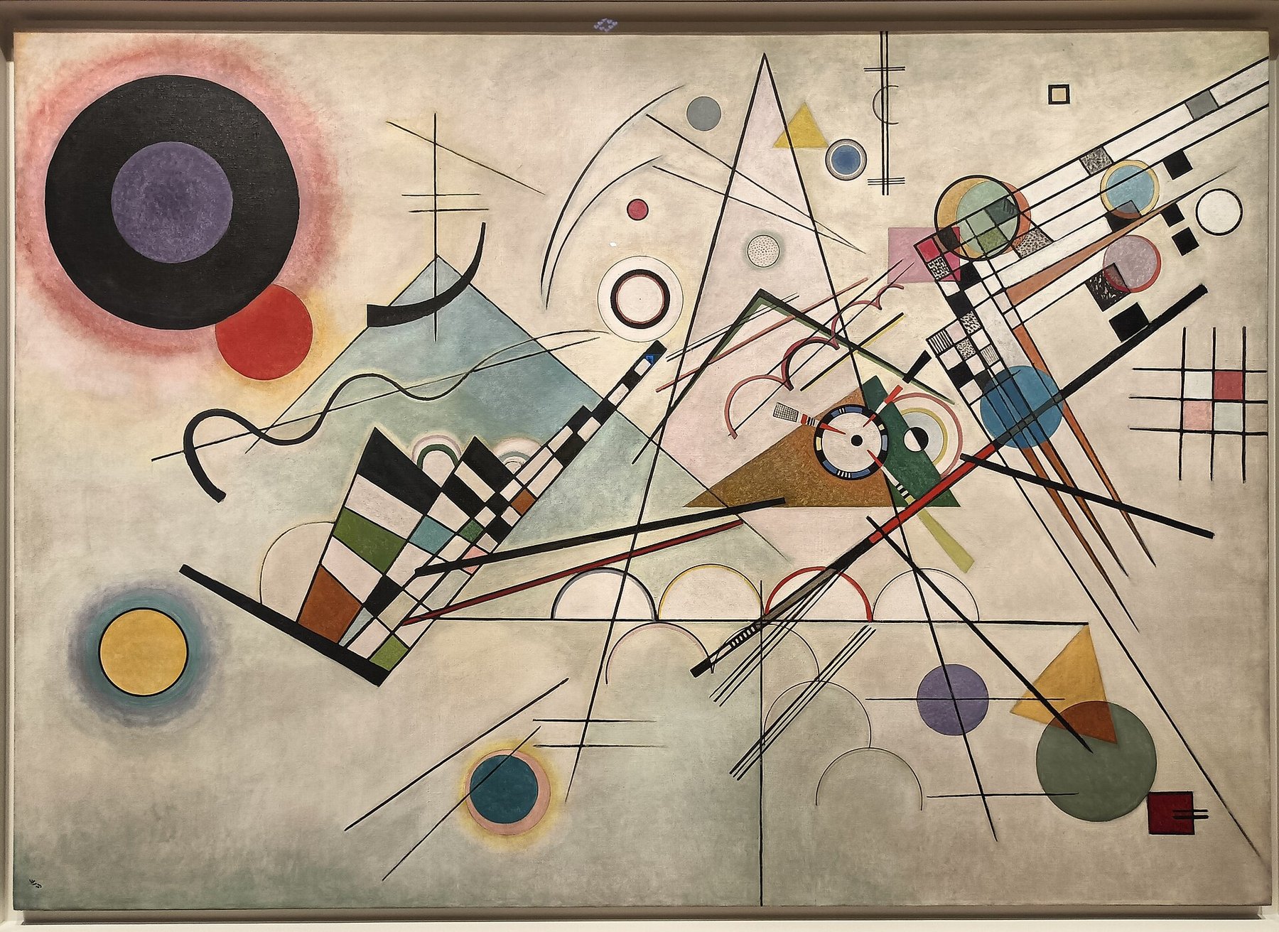 Hand-painted oil reproduction of Composition VIII, Kandinsky 1923 geometric ballet of circles, triangles and intersecting lines on white
