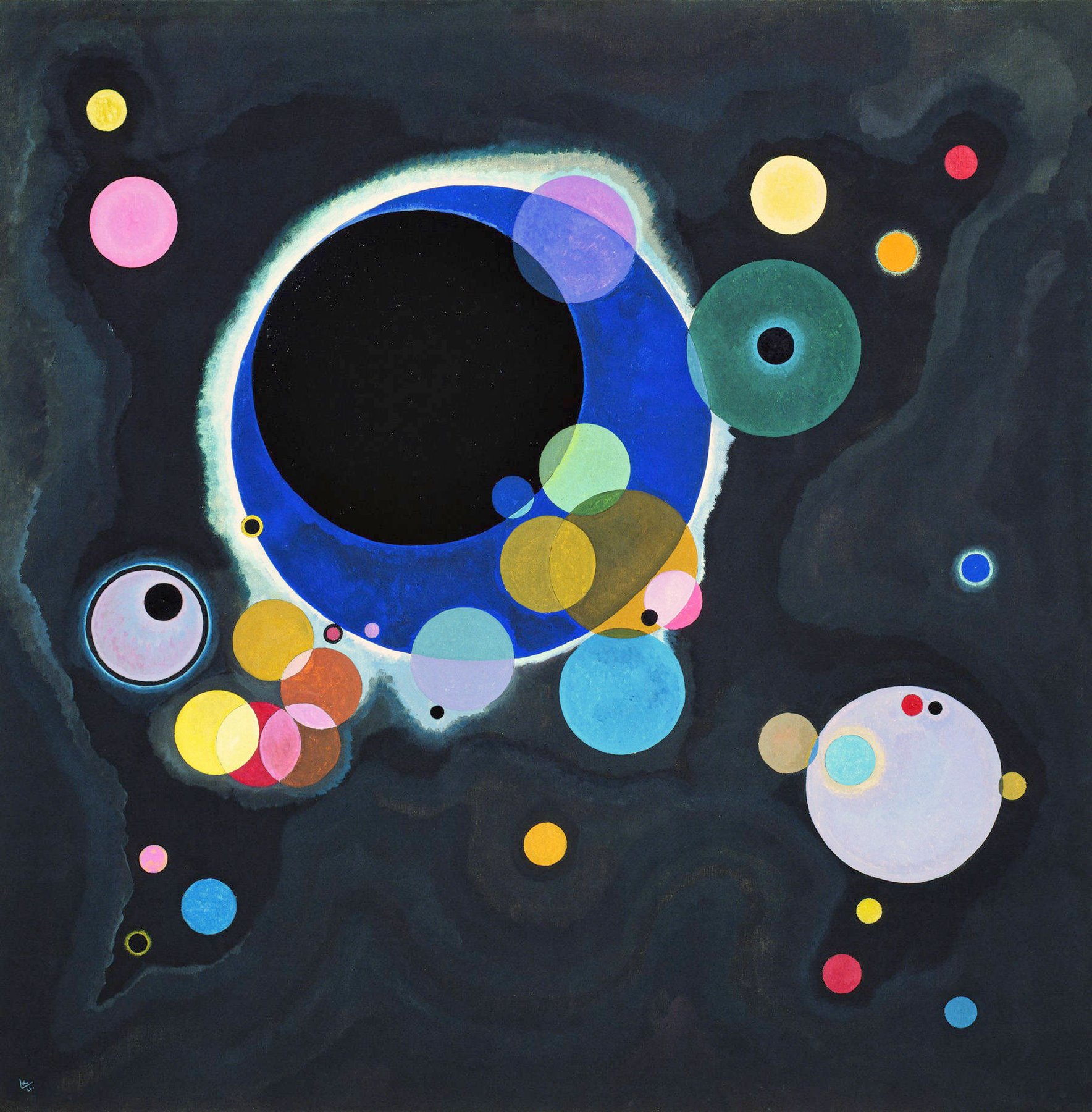 Hand-painted oil reproduction of Several Circles, Kandinsky 1926 floating colored rings in a deep cosmic field