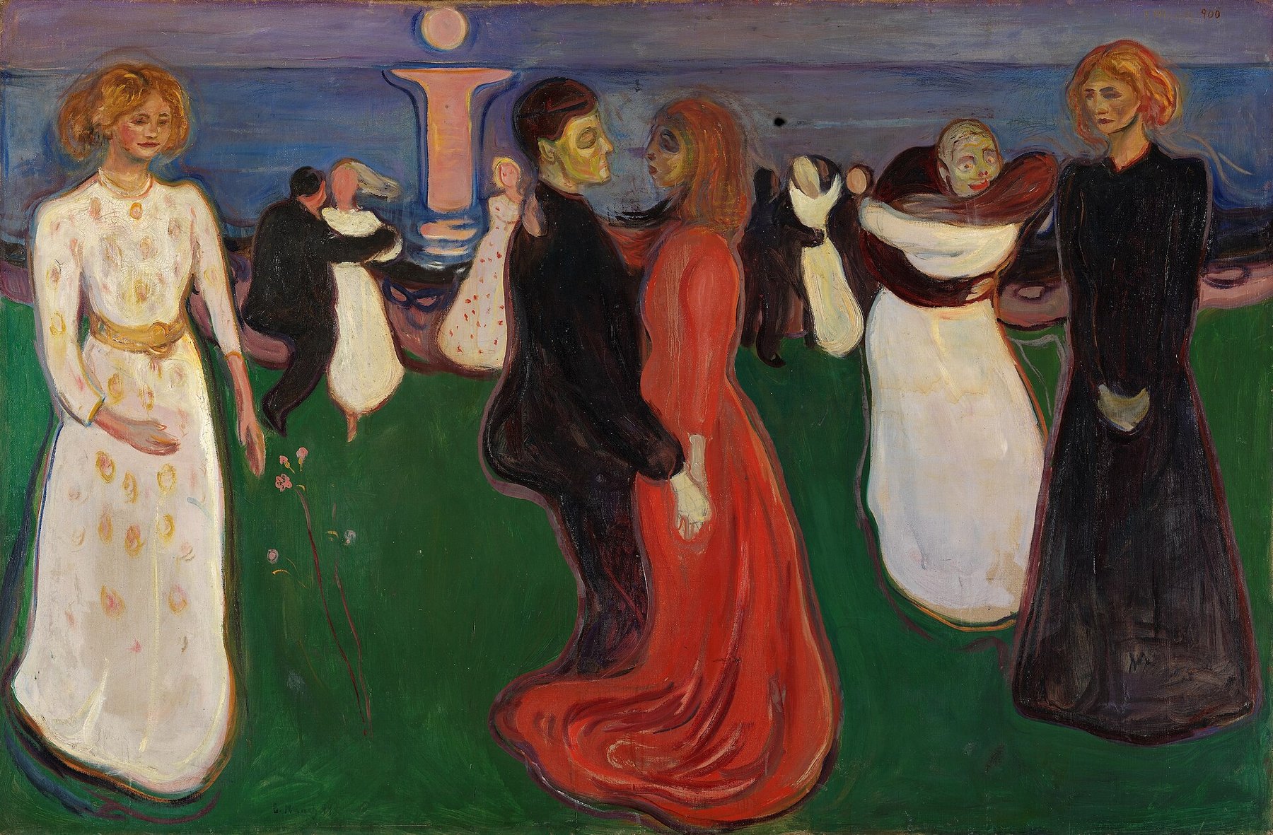 Hand-painted oil reproduction of The Dance of Life, Edvard Munch moonlit shore with dancing couples beneath a glowing evening sky