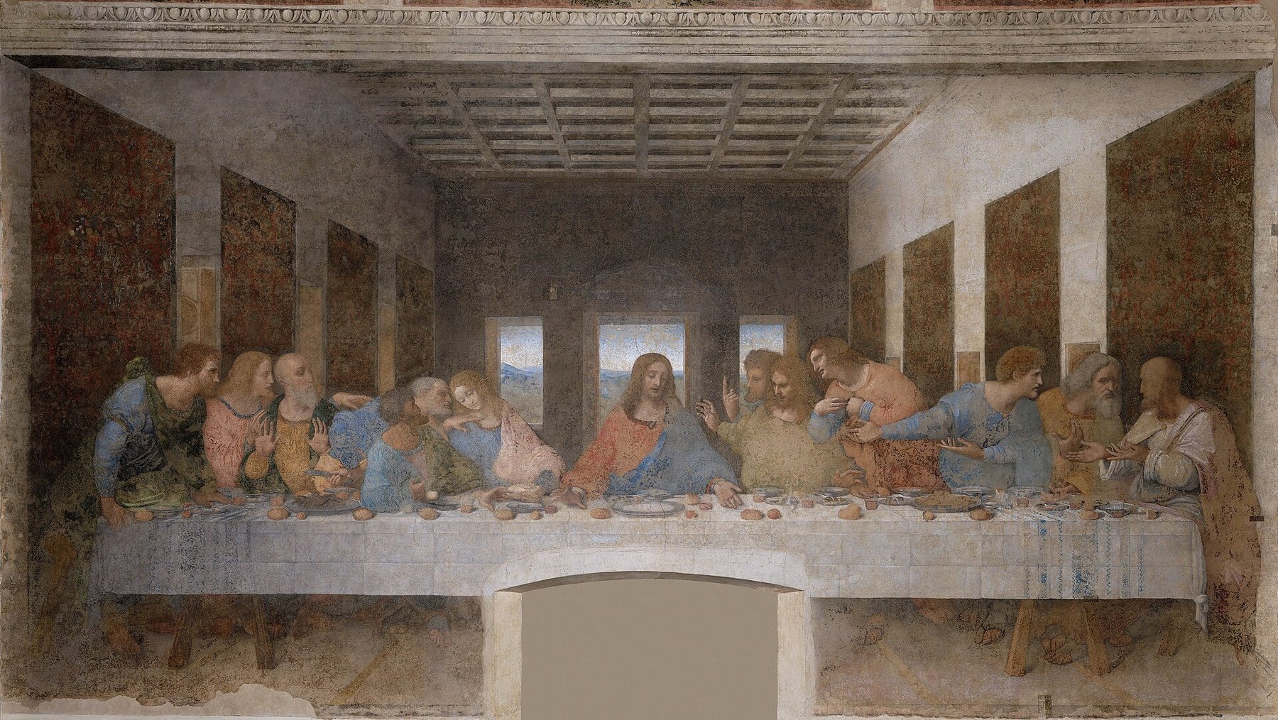 Hand-painted oil reproduction of The Last Supper, Leonardo da Vinci Christ and the apostles at the moment of betrayal in one-point perspective