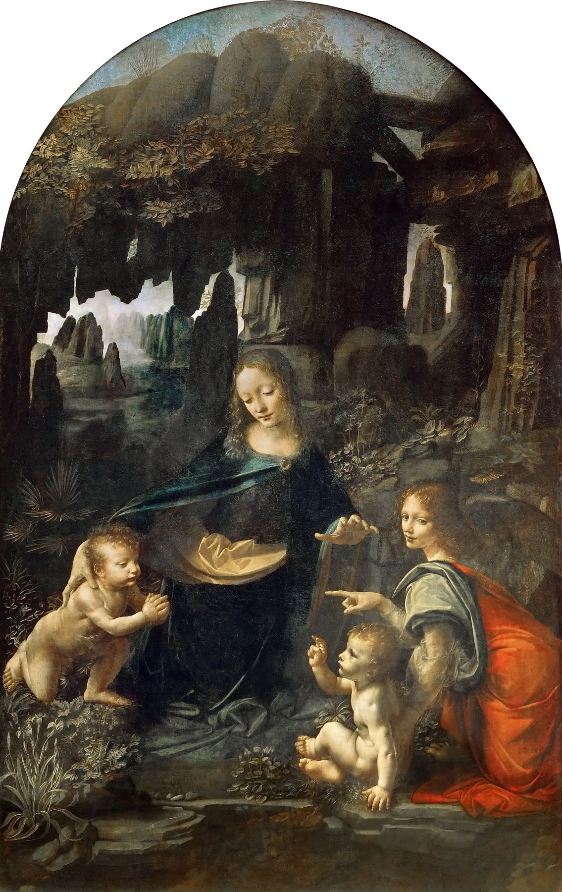 Hand-painted oil reproduction of Virgin of the Rocks, Leonardo da Vinci Madonna and children amid a misty grotto of sfumato rock formations