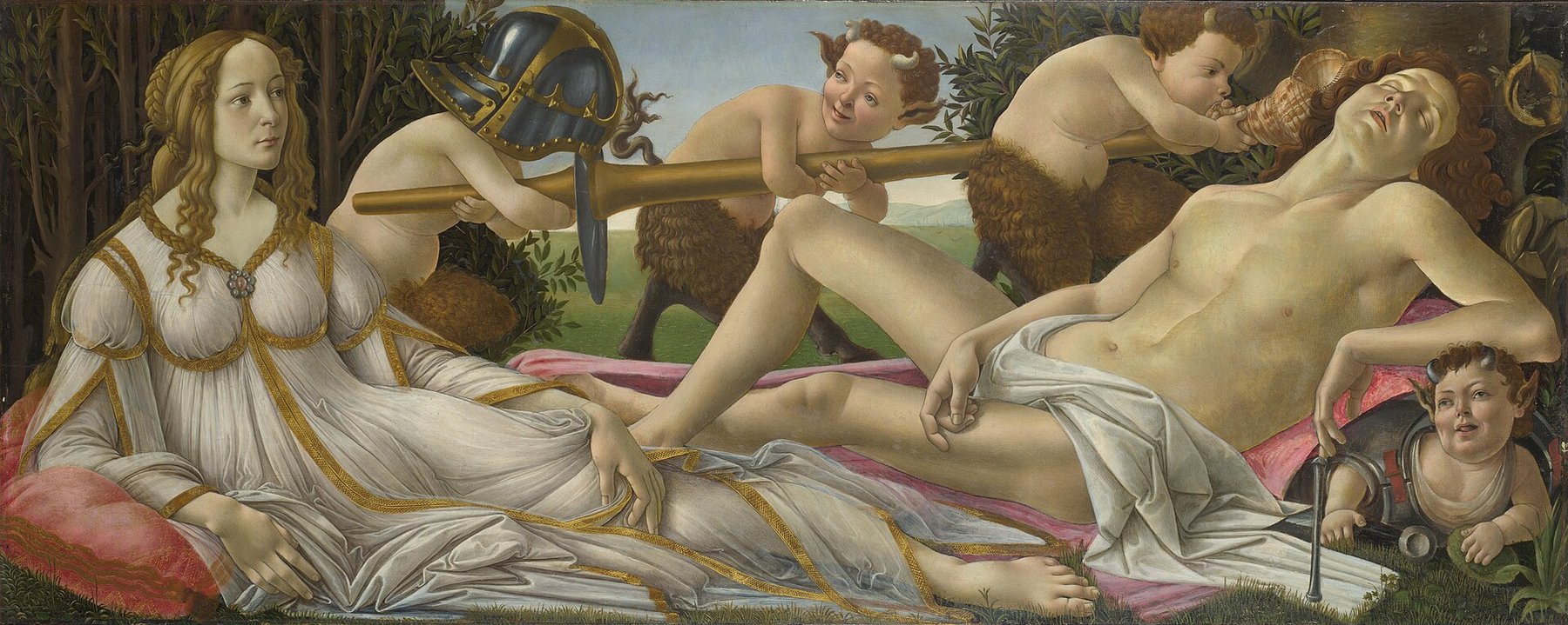 Hand-painted oil reproduction of Venus and Mars, Botticelli 1485 goddess awake and war god asleep among playful young satyrs in a meadow