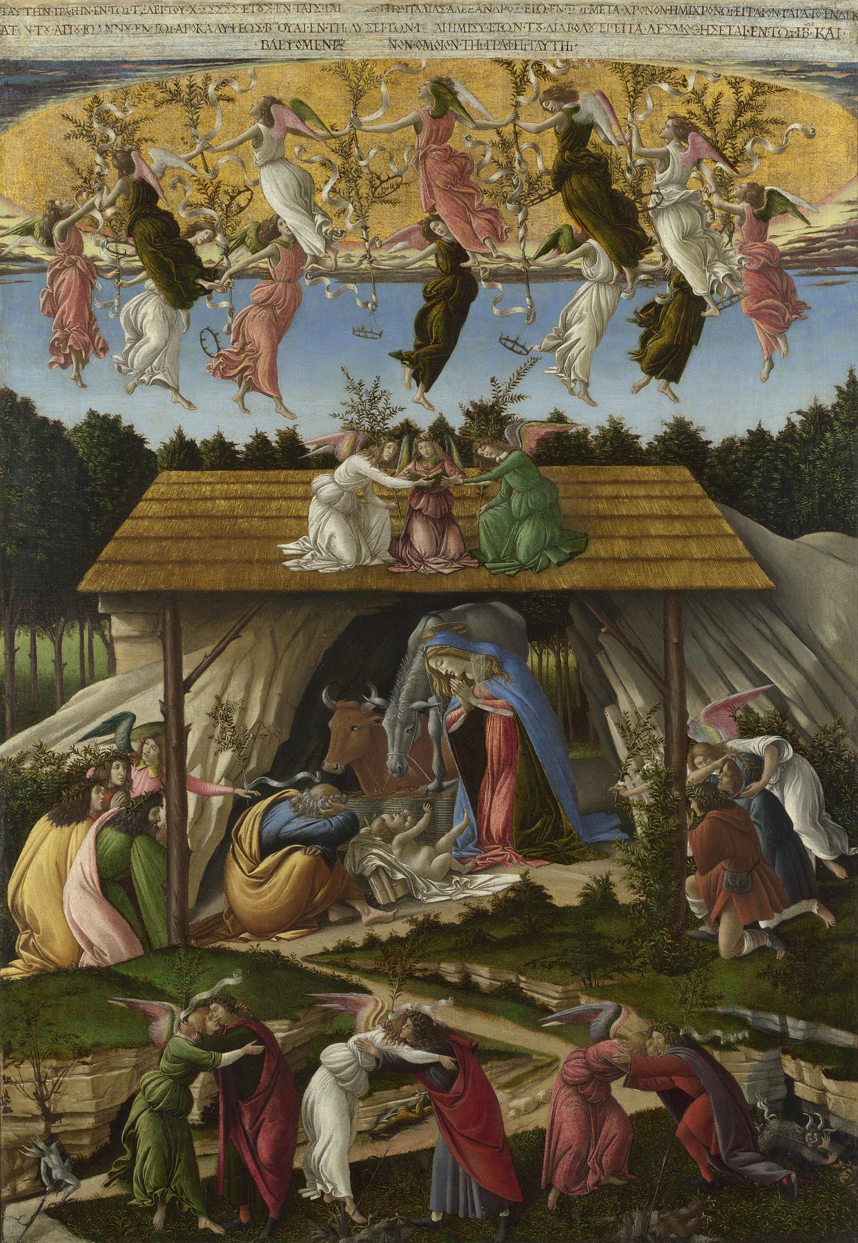Hand-painted oil reproduction of Mystic Nativity, Botticelli apocalyptic and joyful nativity with dancing angels beneath a golden canopy of heaven