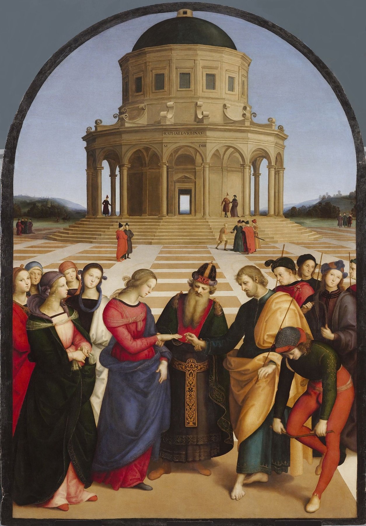 Hand-painted oil reproduction of The Marriage of the Virgin, Raphael 1504 ring ceremony before an elegant domed temple in perfect perspective
