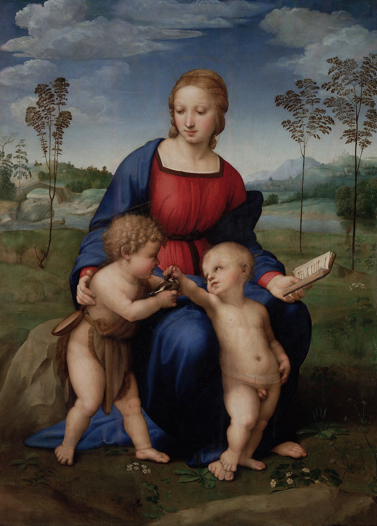 Hand-painted oil reproduction of Madonna of the Goldfinch, Raphael Madonna with the Christ children and a goldfinch in a soft Tuscan landscape