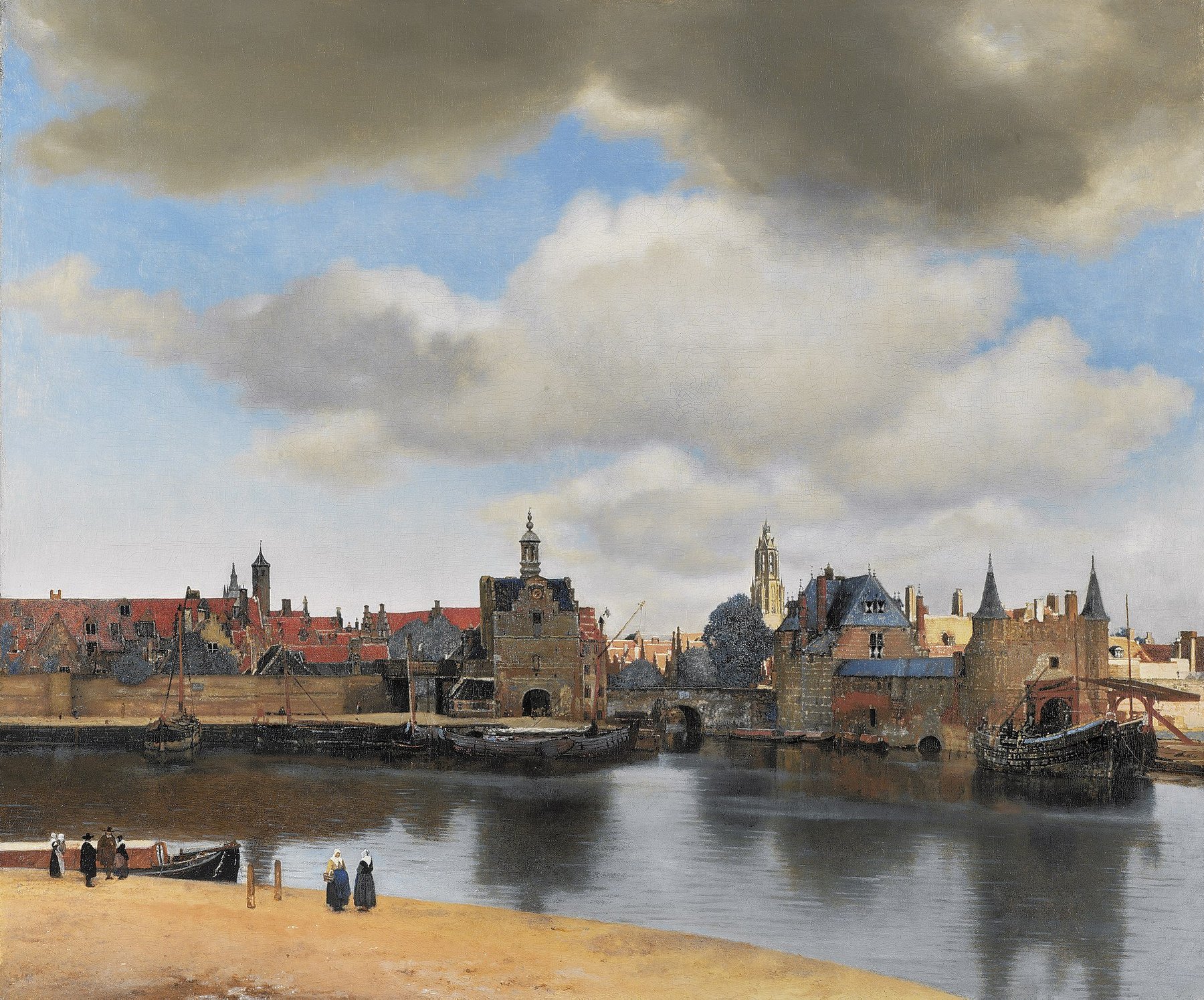 Hand-painted oil reproduction of View of Delft, Vermeer city panorama with glowing rooftops, boats and clouds above the canal