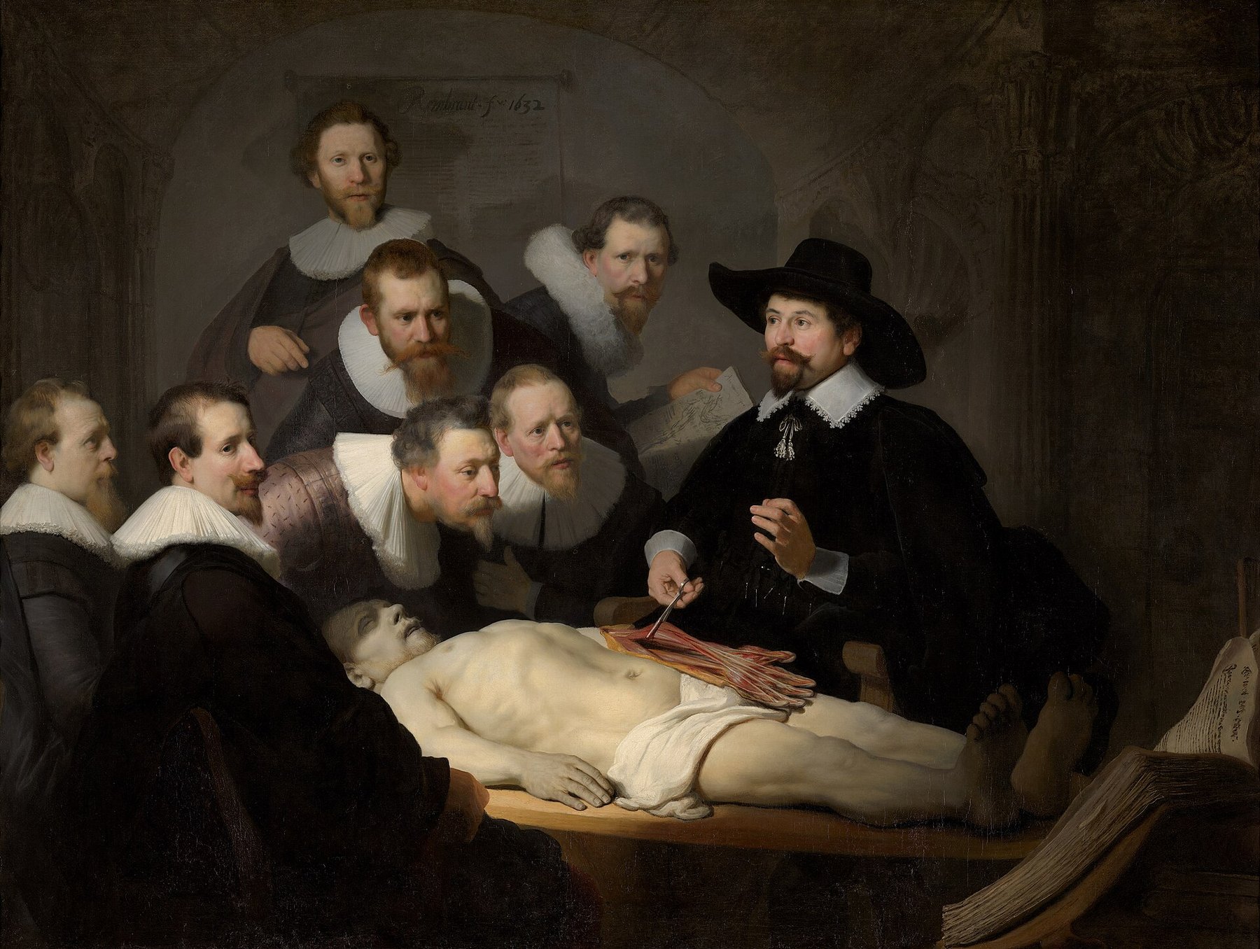 Hand-painted oil reproduction of The Anatomy Lesson of Dr Nicolaes Tulp, Rembrandt 1632 guild surgeons gathered around the illuminated demonstration