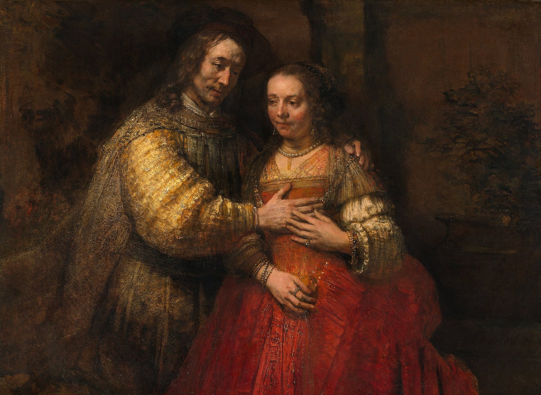 Hand-painted oil reproduction of The Jewish Bride, Rembrandt tender couple with the man hand on the woman bosom in glowing crimson and gold