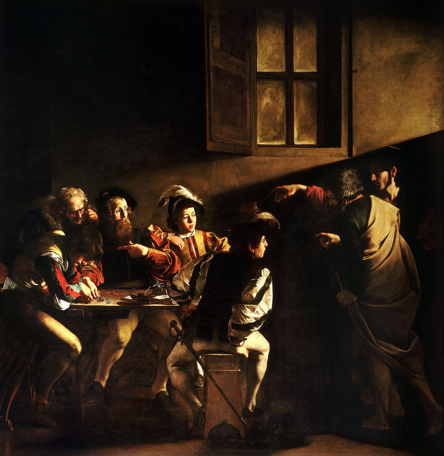 Hand-painted oil reproduction of The Calling of Saint Matthew, Caravaggio beam of light falling on tax collectors as Christ points across the room