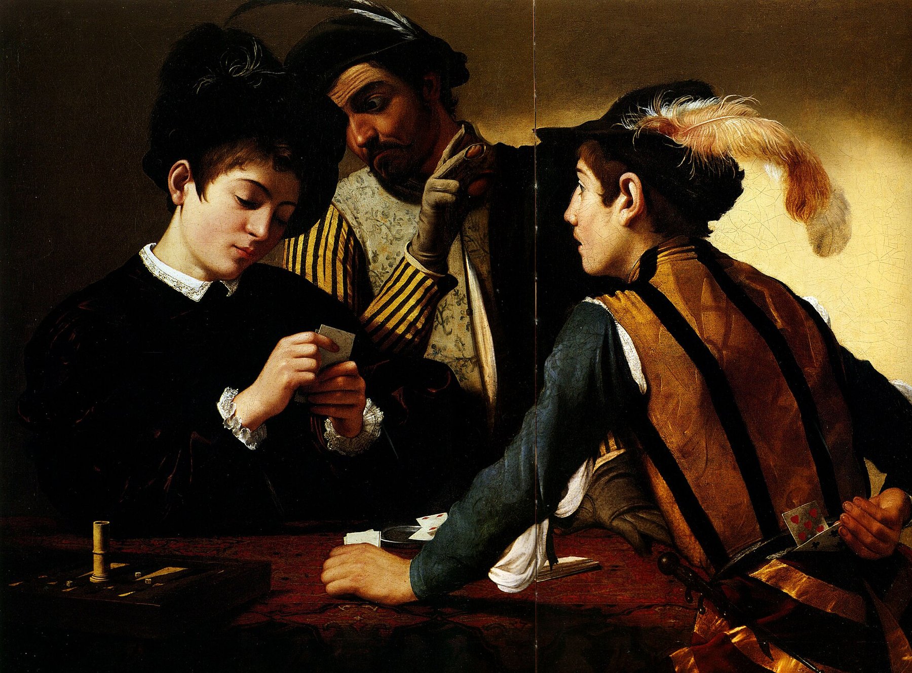 Hand-painted oil reproduction of The Cardsharps, Caravaggio young dupe at cards flanked by a marked-deck conspirator in velvet gloves