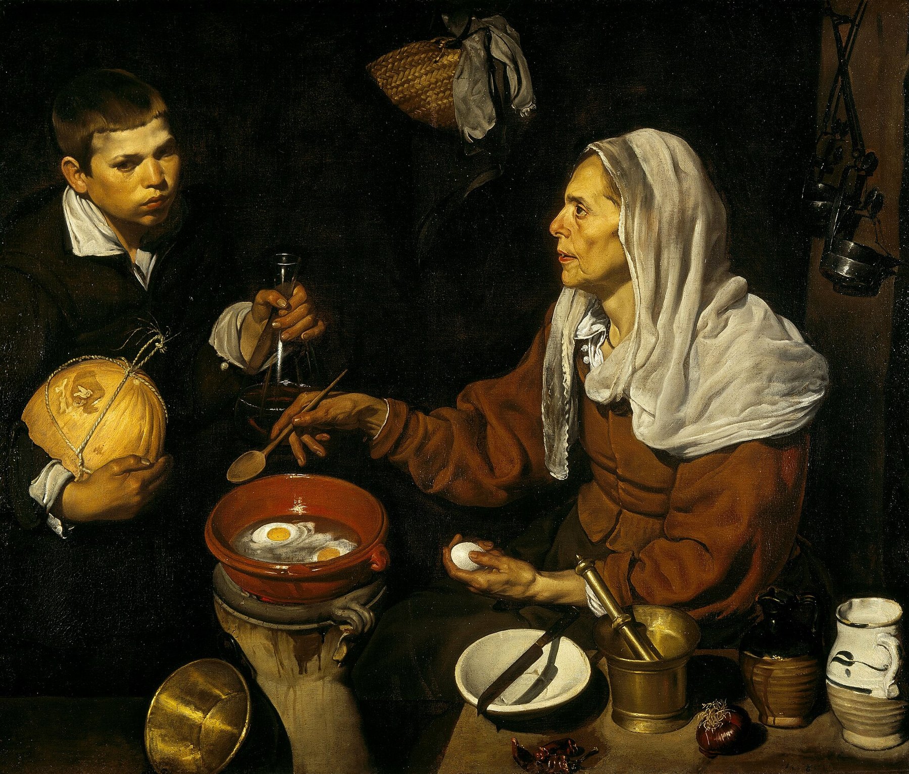 Hand-painted oil reproduction of Old Woman Frying Eggs, Velázquez early kitchen scene of luminous still life and quiet dignity