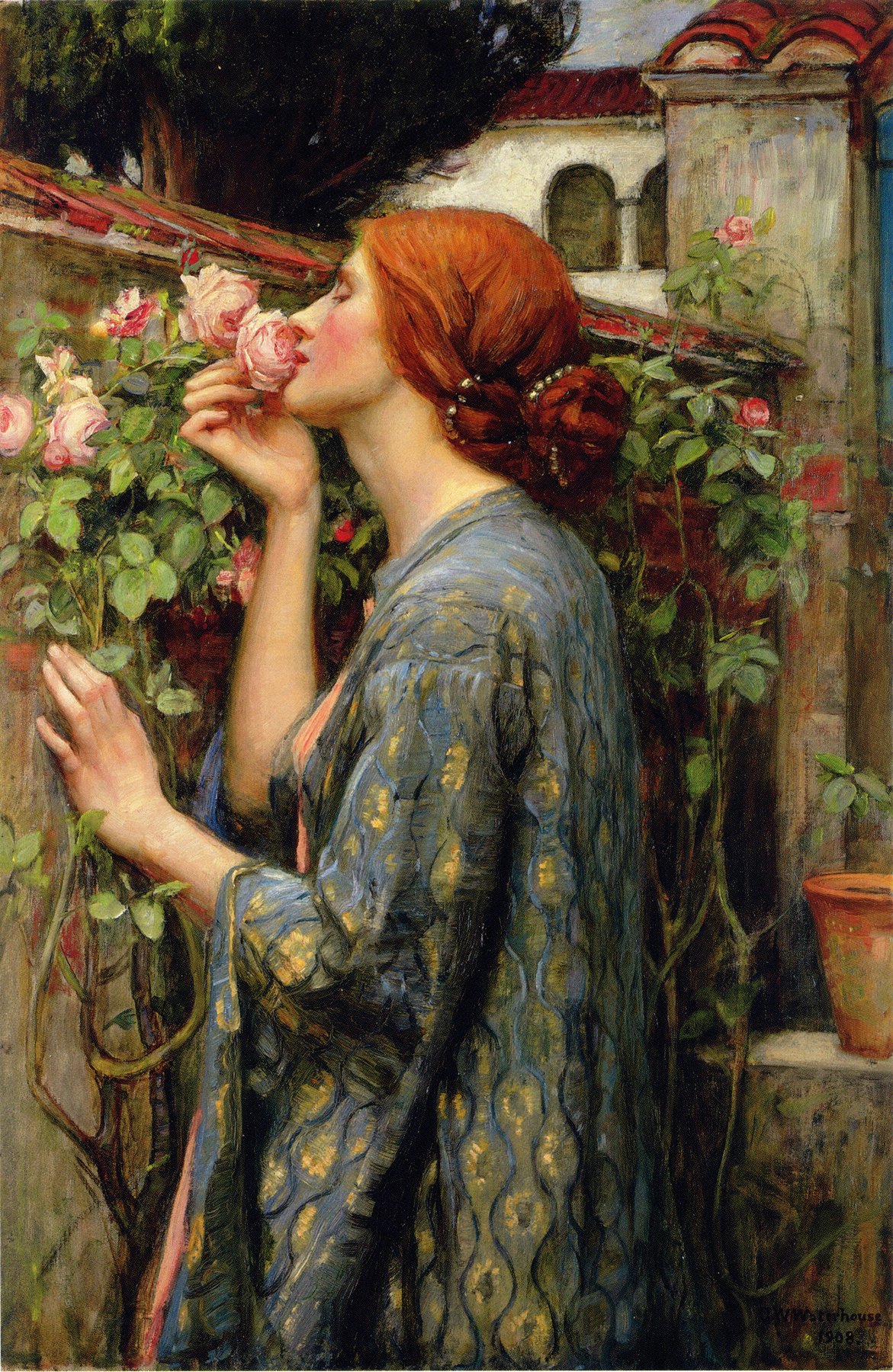 Hand-painted oil reproduction of The Soul of the Rose, Waterhouse maiden breathing in the scent of a climbing rose along a garden wall