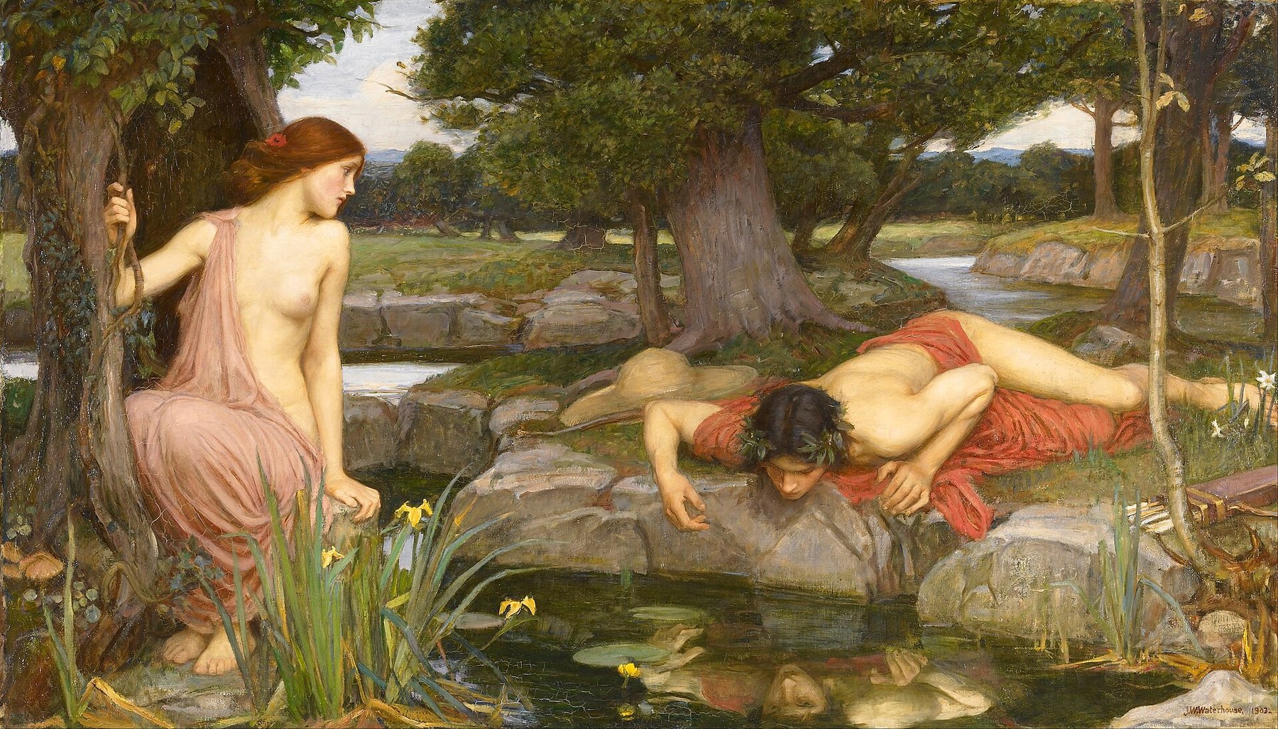 Hand-painted oil reproduction of Echo and Narcissus, Waterhouse youth enchanted by his reflection while Echo yearns above the spring