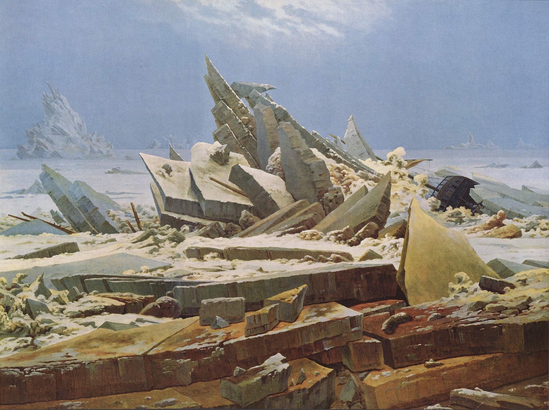 Hand-painted oil reproduction of The Sea of Ice, Friedrich shattered ice sheets piled into a jagged ridge over a crushed ship