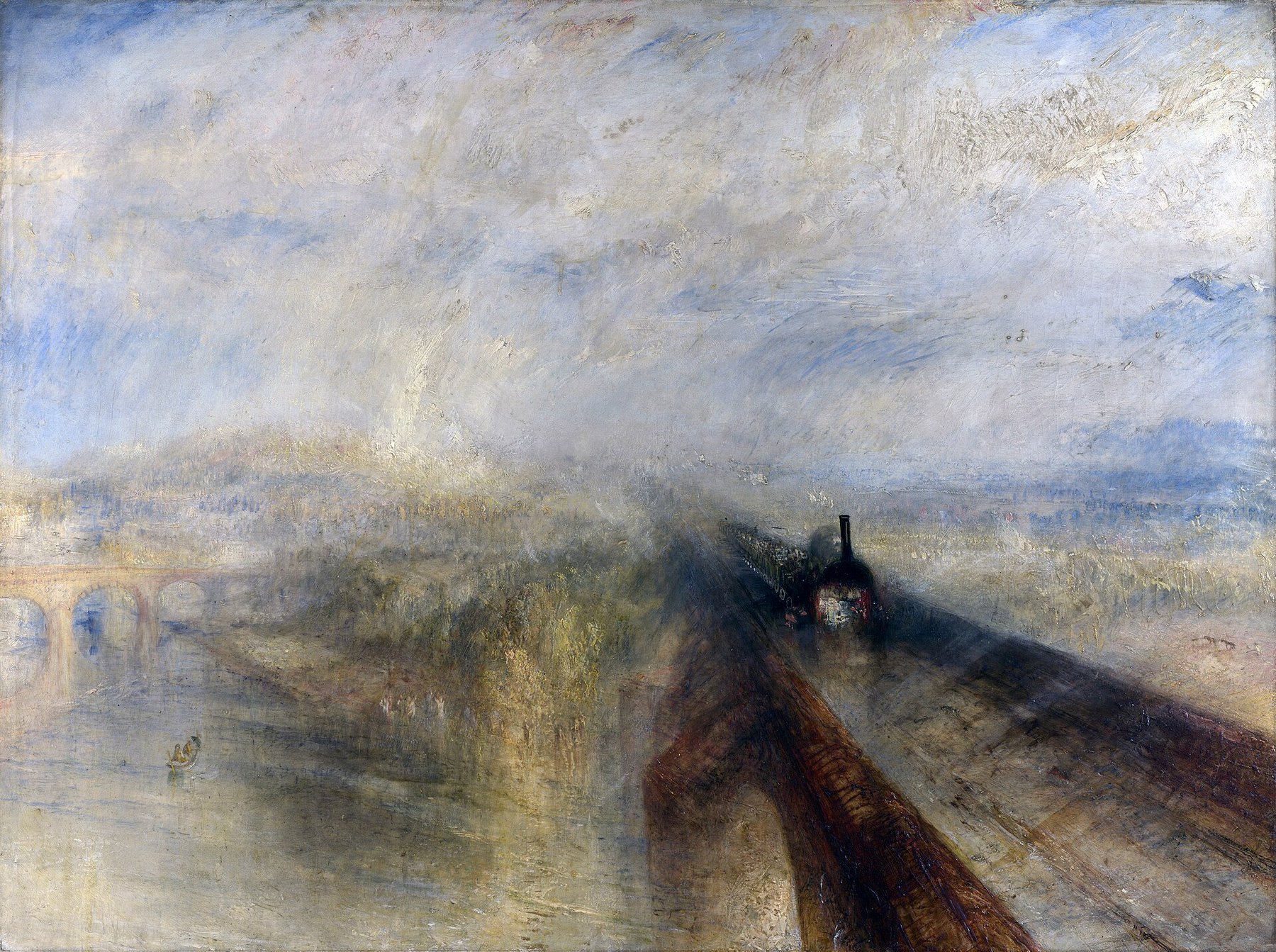 Hand-painted oil reproduction of Rain Steam and Speed, Turner Great Western Railway engine racing across Maidenhead bridge in a storm of light