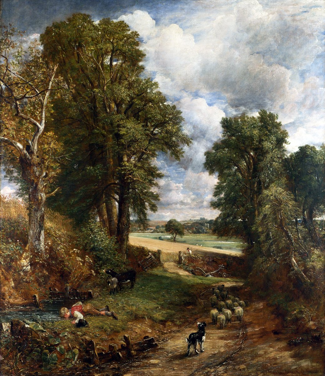 Hand-painted oil reproduction of The Cornfield, Constable lane through golden fields with a shepherd boy and dog beneath towering clouds