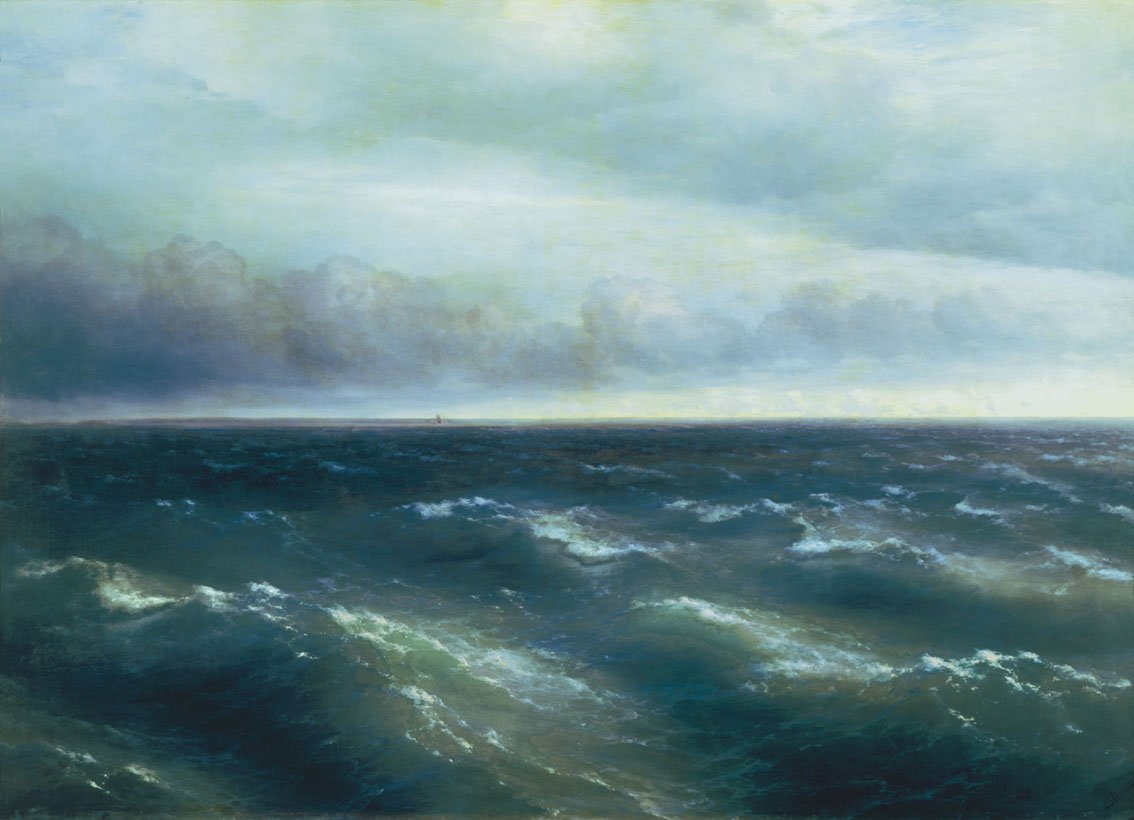 Hand-painted oil reproduction of The Black Sea, Aivazovsky 1881 rolling steel-blue waves under a wide hazy sky