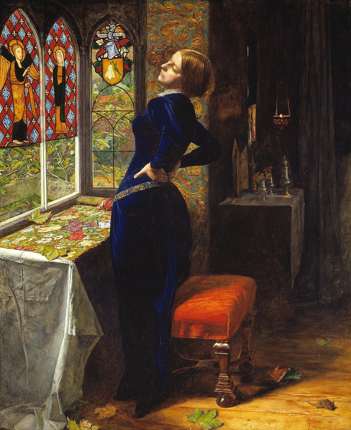 Hand-painted oil reproduction of Mariana, Millais weary heroine stretching at her embroidery among stained glass and autumn leaves