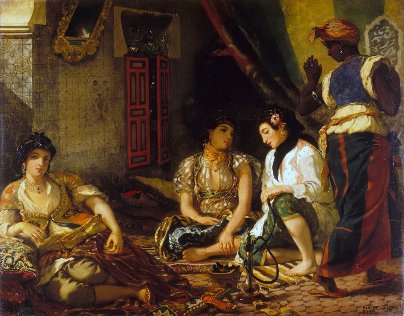 Hand-painted oil reproduction of Women of Algiers in their Apartment, Delacroix harem interior of silk, marble and quiet conversation