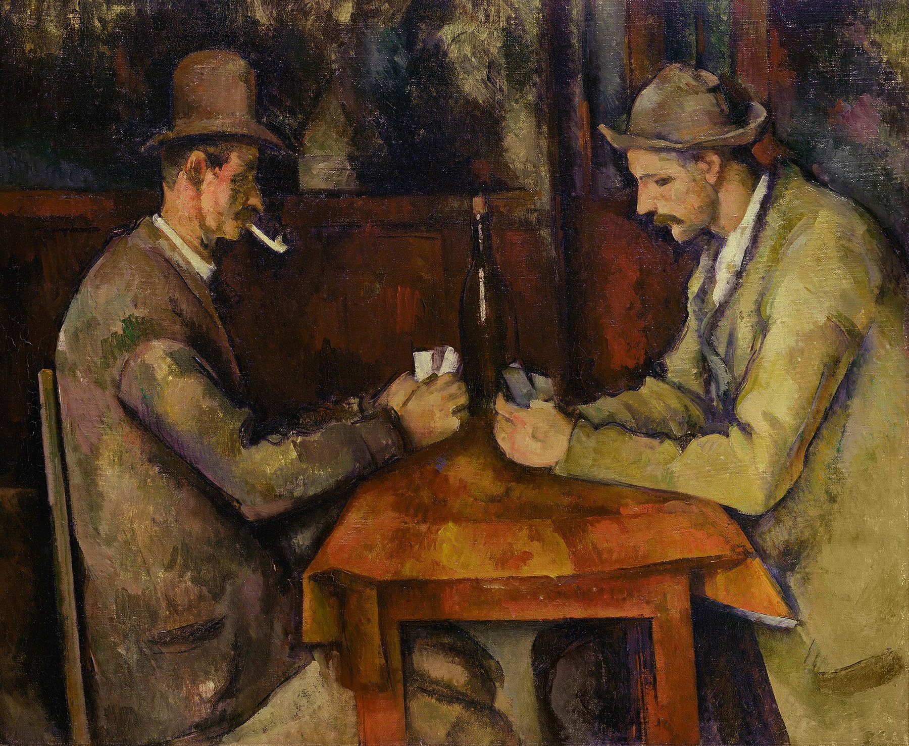 Hand-painted oil reproduction of The Card Players, Cézanne two Provençal men at a table with cards, wine bottle and pipe, painted in quiet blocks of colour