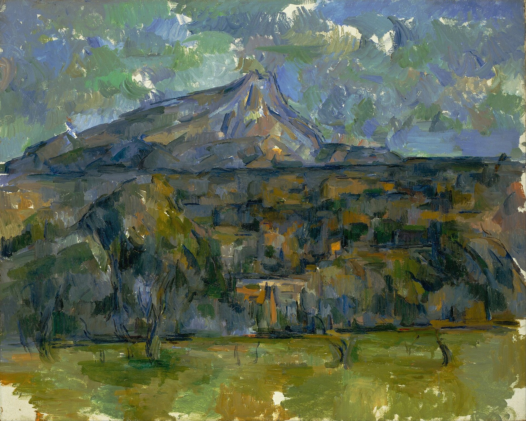 Hand-painted oil reproduction of Mont Sainte-Victoire, Cézanne late view of the limestone mountain above Aix built from green and ochre planes