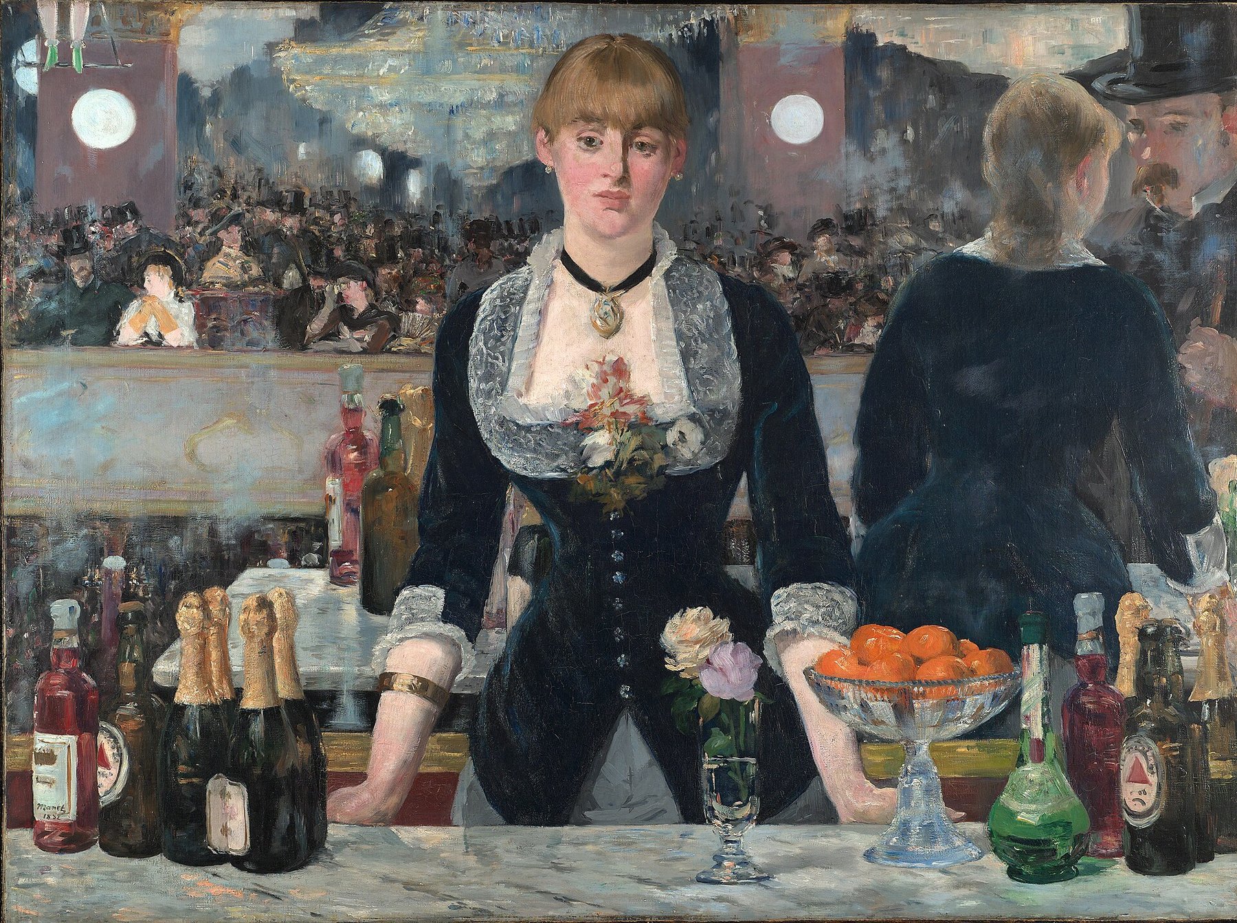 Hand-painted oil reproduction of A Bar at the Folies-Bergère, Manet barmaid behind a marble counter with bottles and a mirrored music hall crowd behind her
