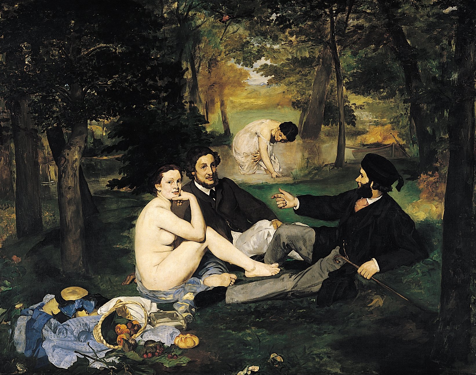Hand-painted oil reproduction of Le Déjeuner sur l’herbe, Manet picnic on the grass with two dressed men and a nude woman, the painting that scandalised the 1863 Salon
