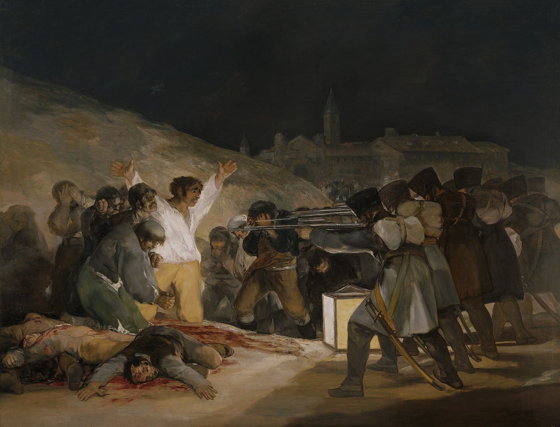 Hand-painted oil reproduction of The Third of May 1808, Goya firing squad lit by a lantern and a white-shirted victim with raised arms