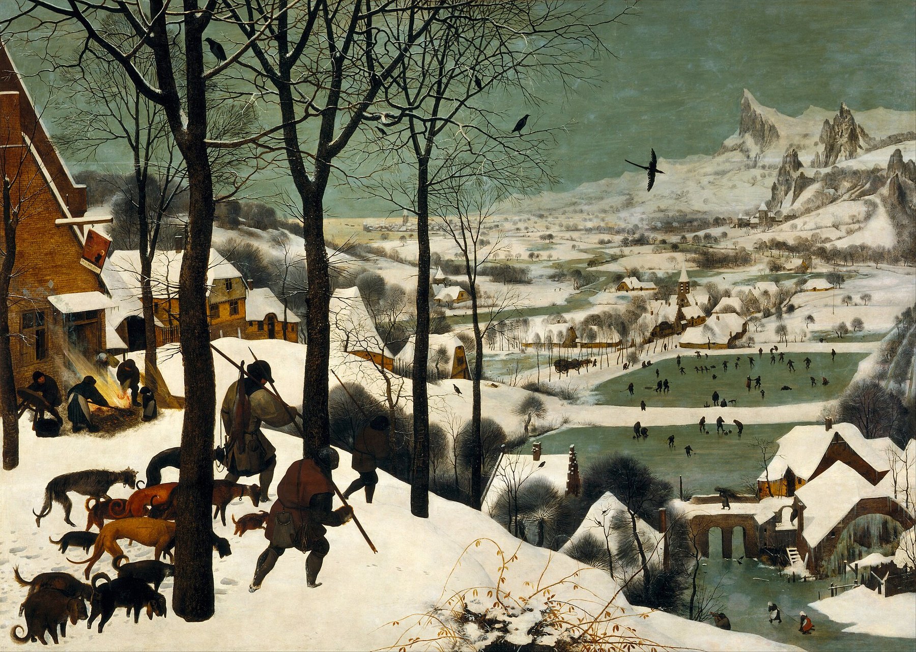 Hand-painted oil reproduction of The Hunters in the Snow, Bruegel winter valley with hunters, dogs and skaters on frozen ponds