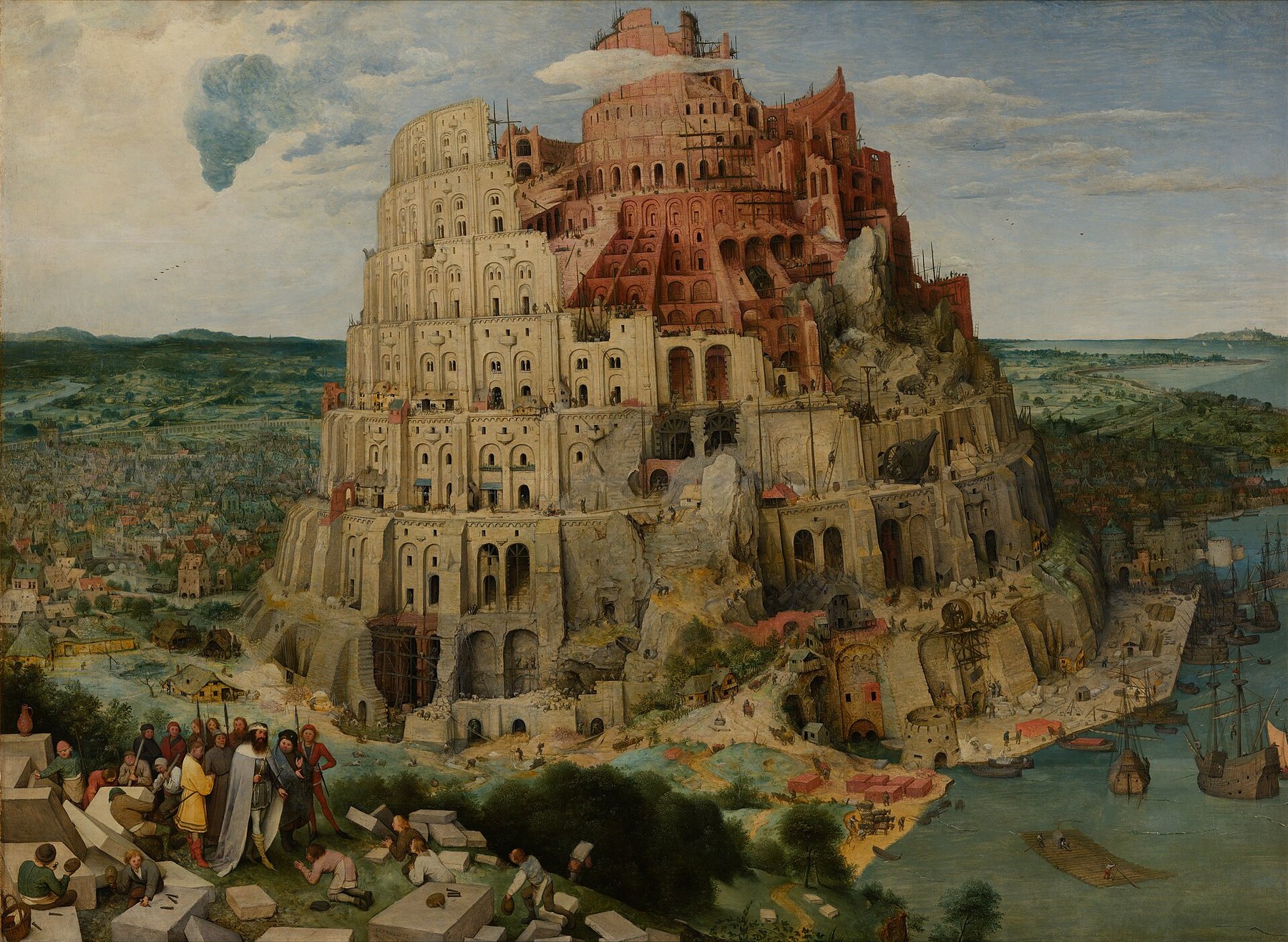 Hand-painted oil reproduction of The Tower of Babel, Bruegel spiral tower rising above an Antwerp-like harbour with scaffolding and a visiting king