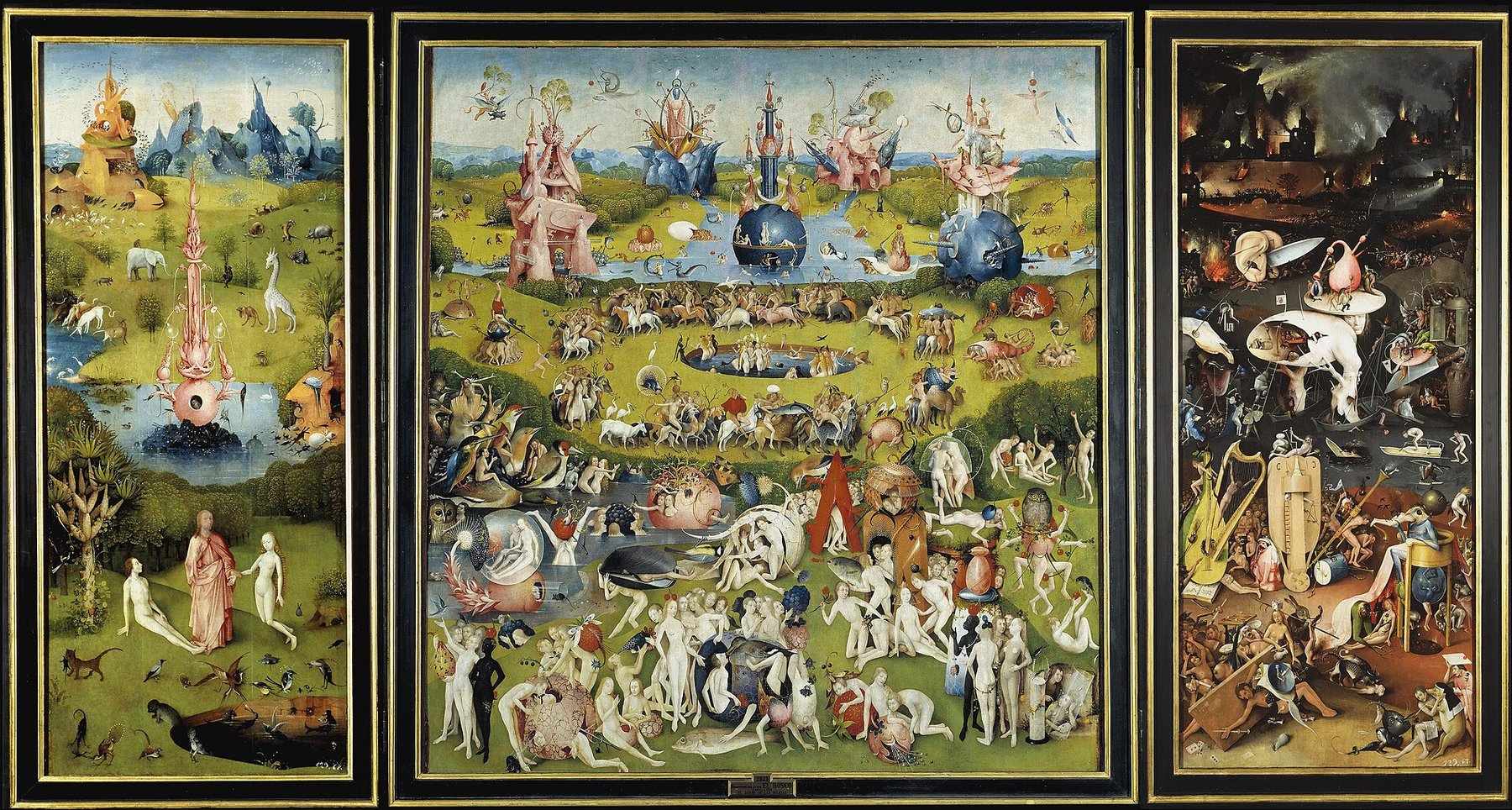 Hand-painted oil reproduction of The Garden of Earthly Delights, Bosch triptych of Eden, a garden of naked figures and giant fruit, and a dark musical hell
