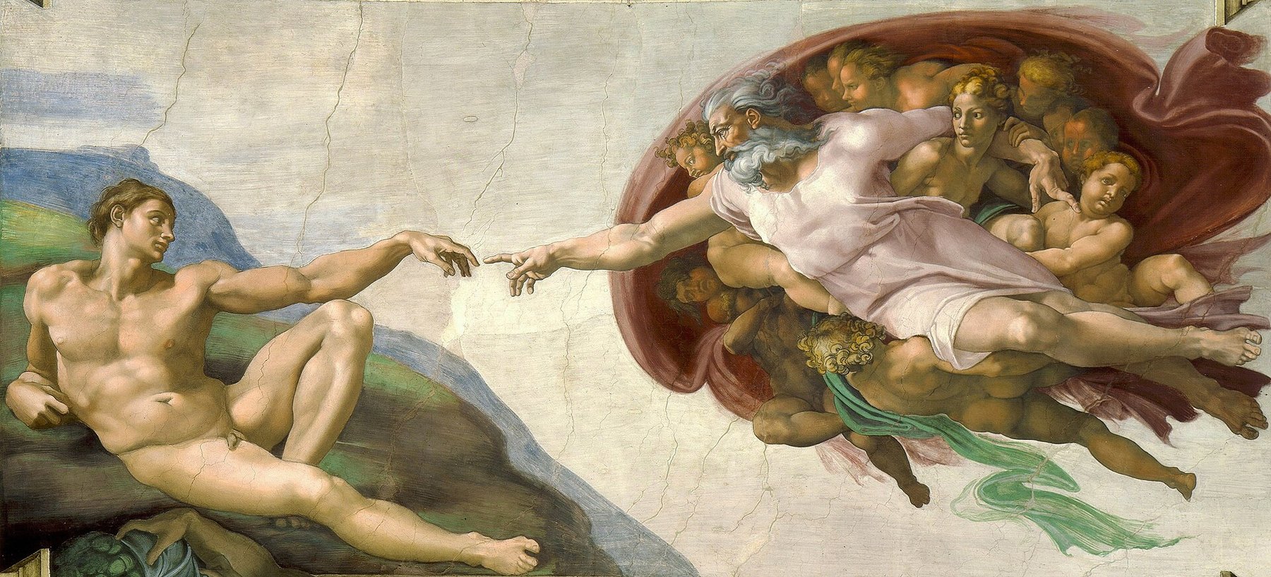 Hand-painted oil reproduction of The Creation of Adam, Michelangelo Sistine ceiling fresco of God and Adam reaching toward each other